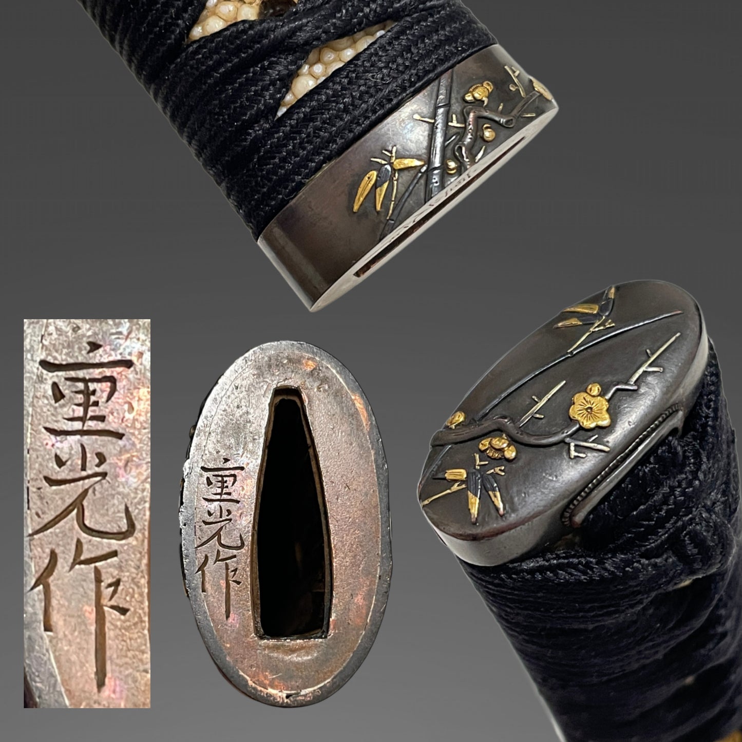 Kawachinokami Kiyofusa 河内守清房 signed WAKIZASHI, Plum Fuchikashira, Masamehada 柾目肌