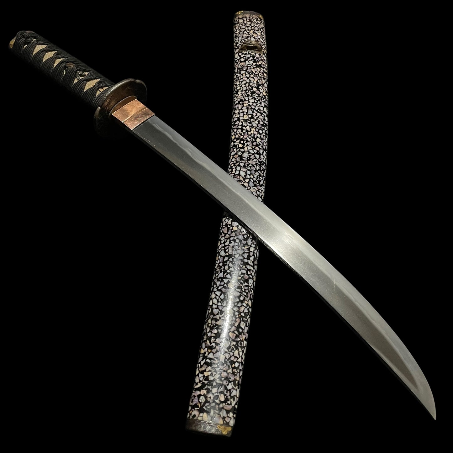 Radensaya 螺鈿鞘 Wide Hirazukuri Wakizashi, Izuminokami Kanesada signed, Plum Fittings