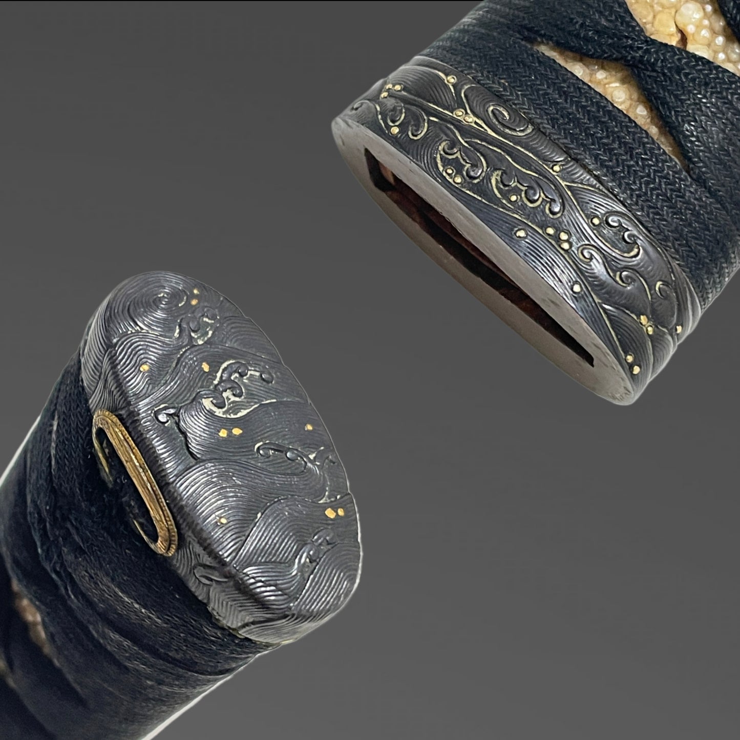 Dragon Tsuba and Menuki, Long Wakizashi, Wave Fuchikashira, Edo period mumei