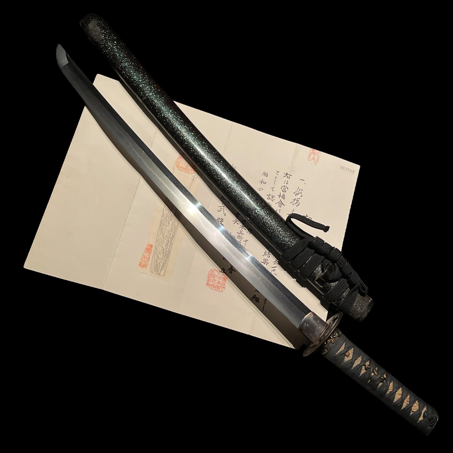 Shimosaka 下坂 Wakizashi, Mogarashi Soten 藻柄子宗典 signed Fuchikashira