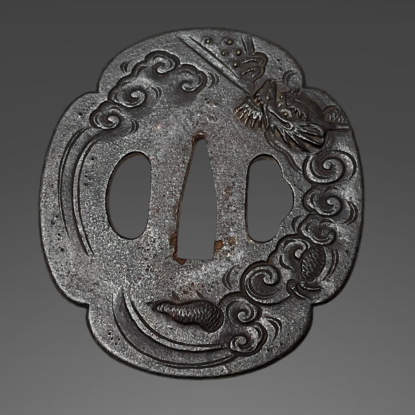 Dragon Tsuba and Menuki, Long Wakizashi, Wave Fuchikashira, Edo period mumei