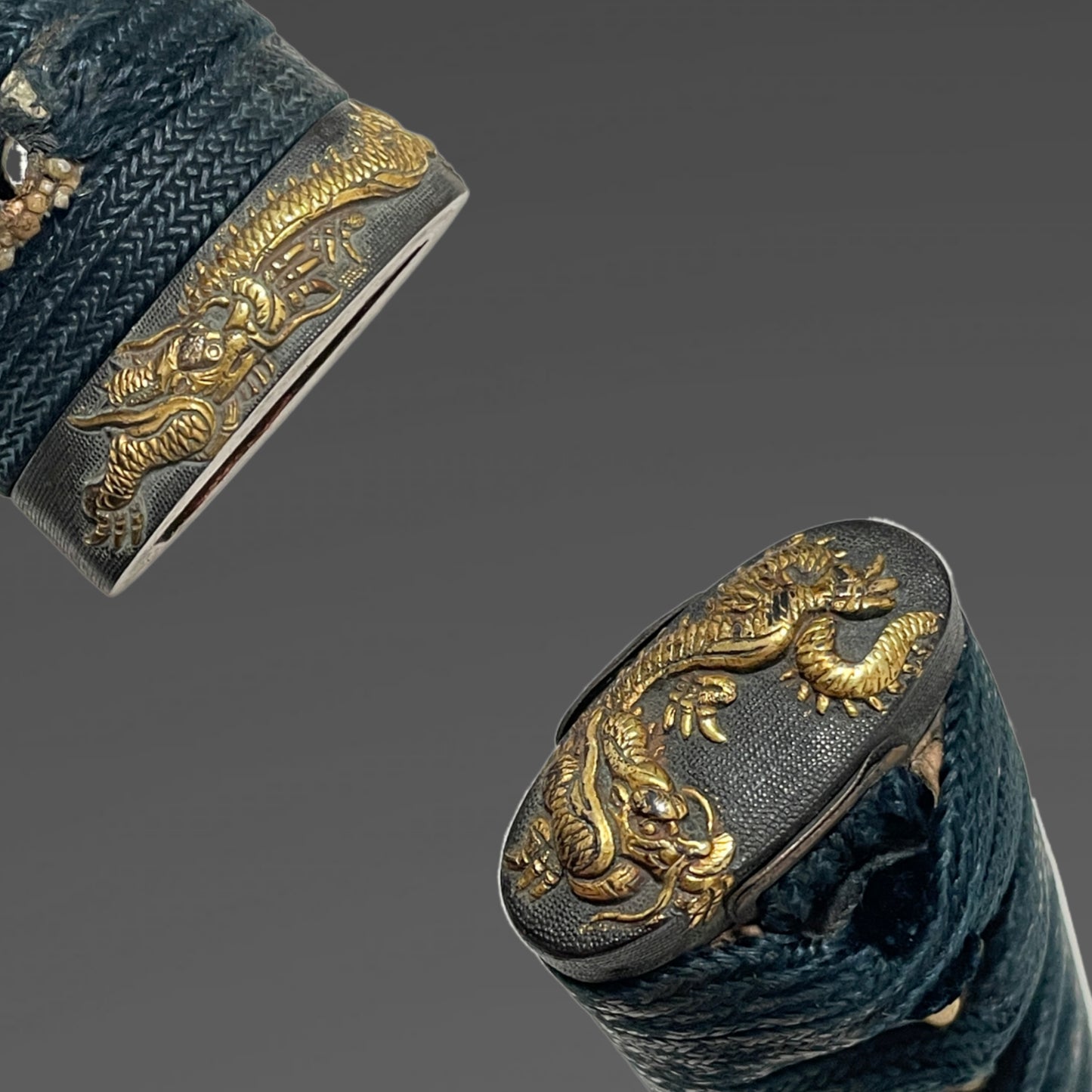 Dragon Fuchikashira, Bishuosa 1470s 備州長 文明二年 signed Long Wakizashi, Brass Tsuba