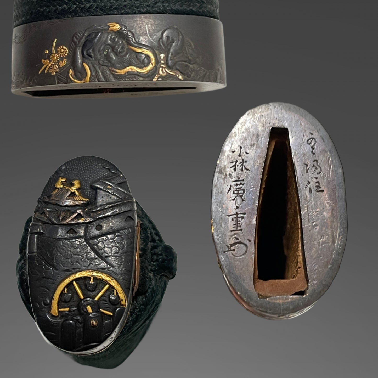 Stunning Hamon Black Wakizashi, Kobayashi Hiroshige 小林廣重 signed Fuchi, Edo period mumei