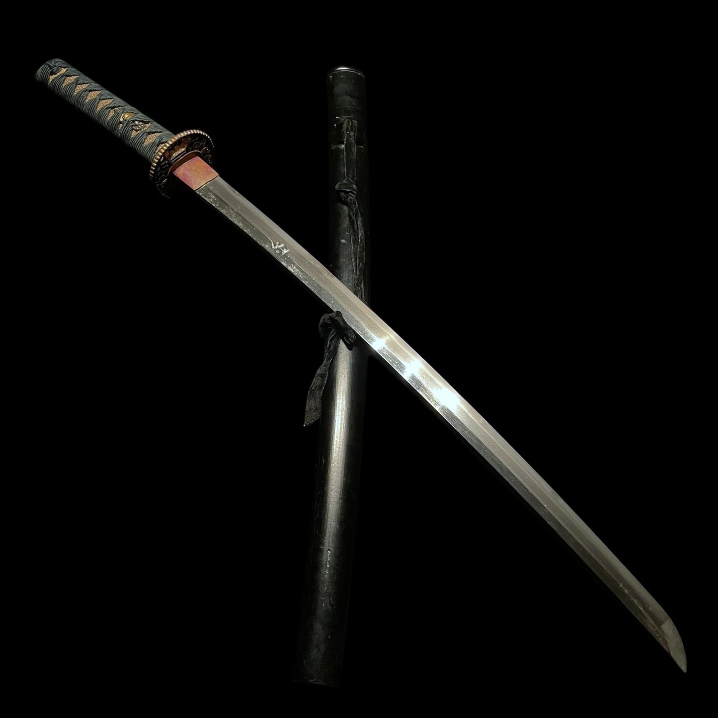 Bonji 梵字 Long Wakizashi, Moth Tsuba, Crab Menuki, Edo period mumei