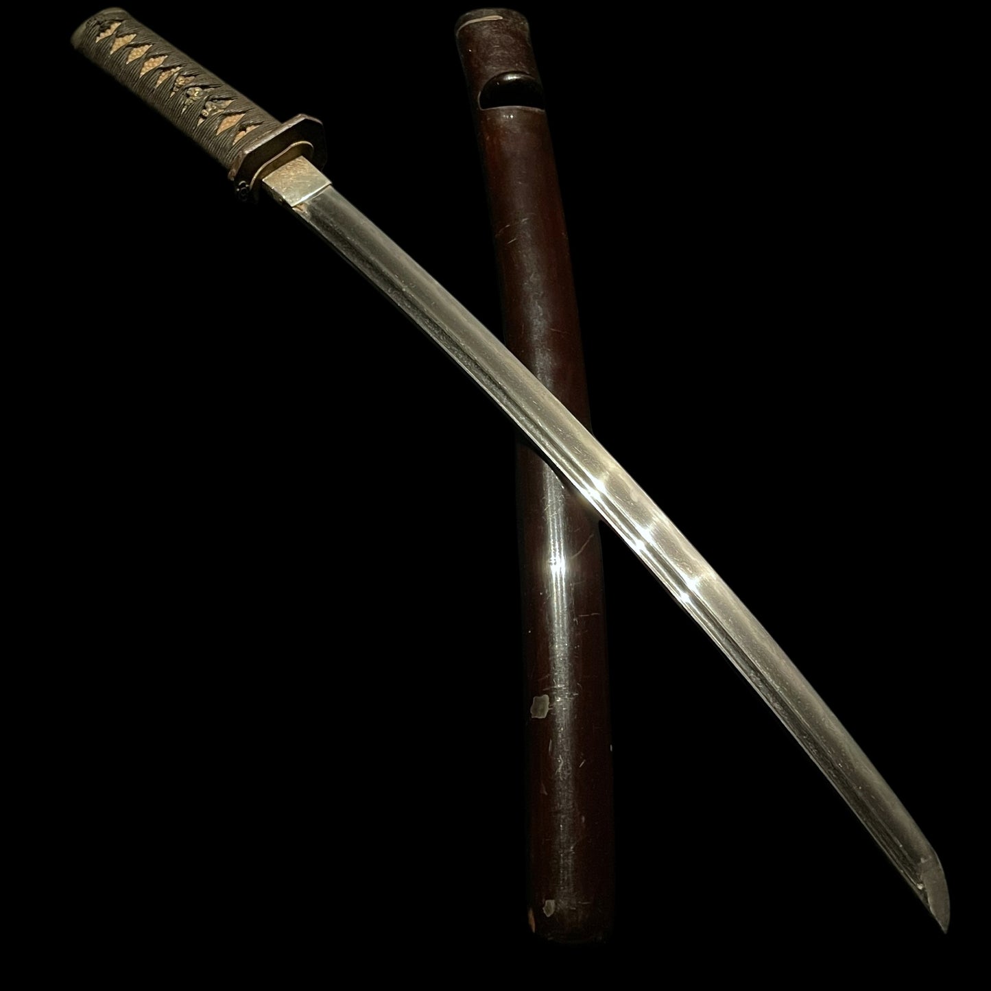 Kakinagashi-Hi 掻き流し樋 Short WAKIZASHI, Plum tsuba and Waterfowl Kozuka