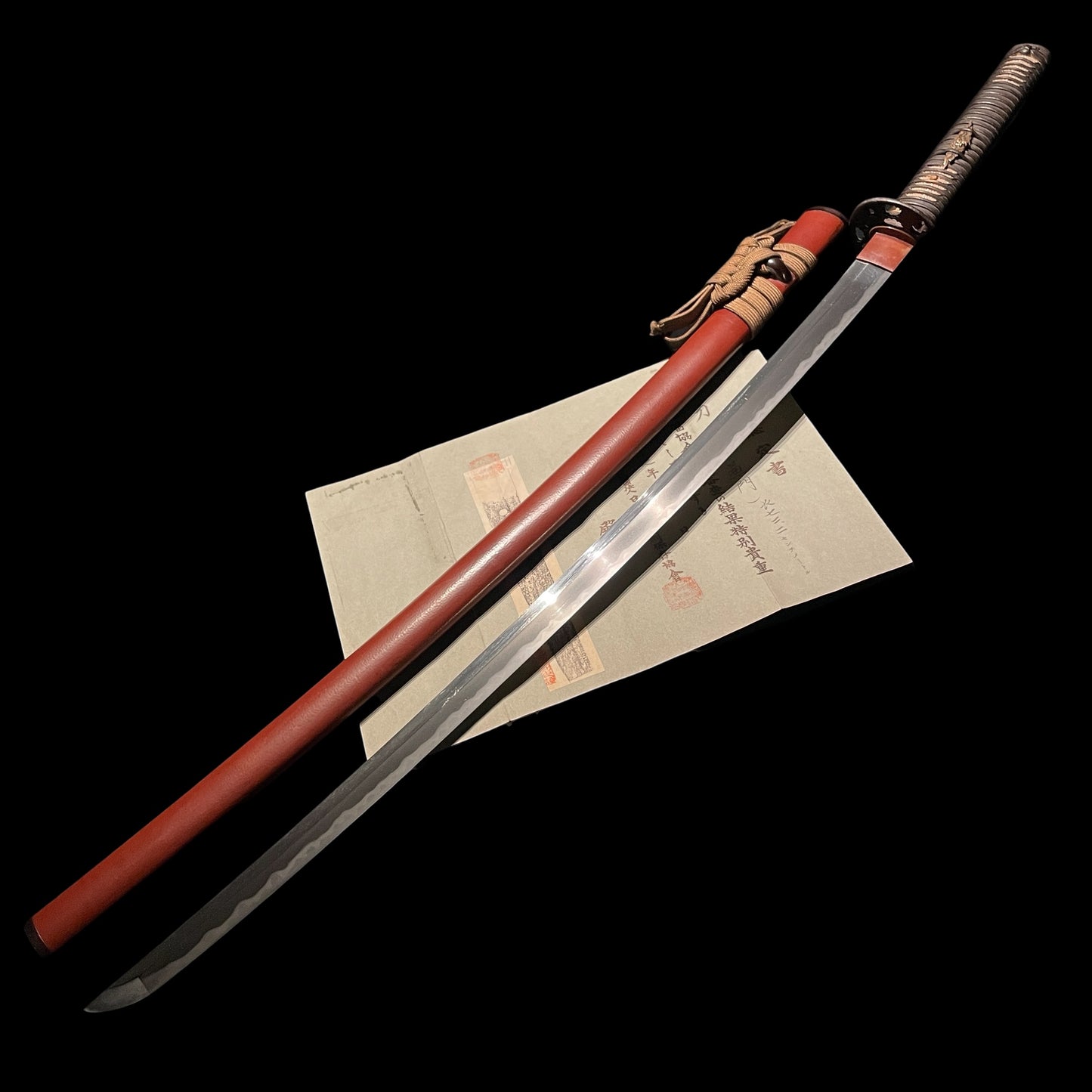 Long Red KATANA, Terukado 照門,  Dragon Fuchikashira, Earlya Edo period, NBTHK Certificate