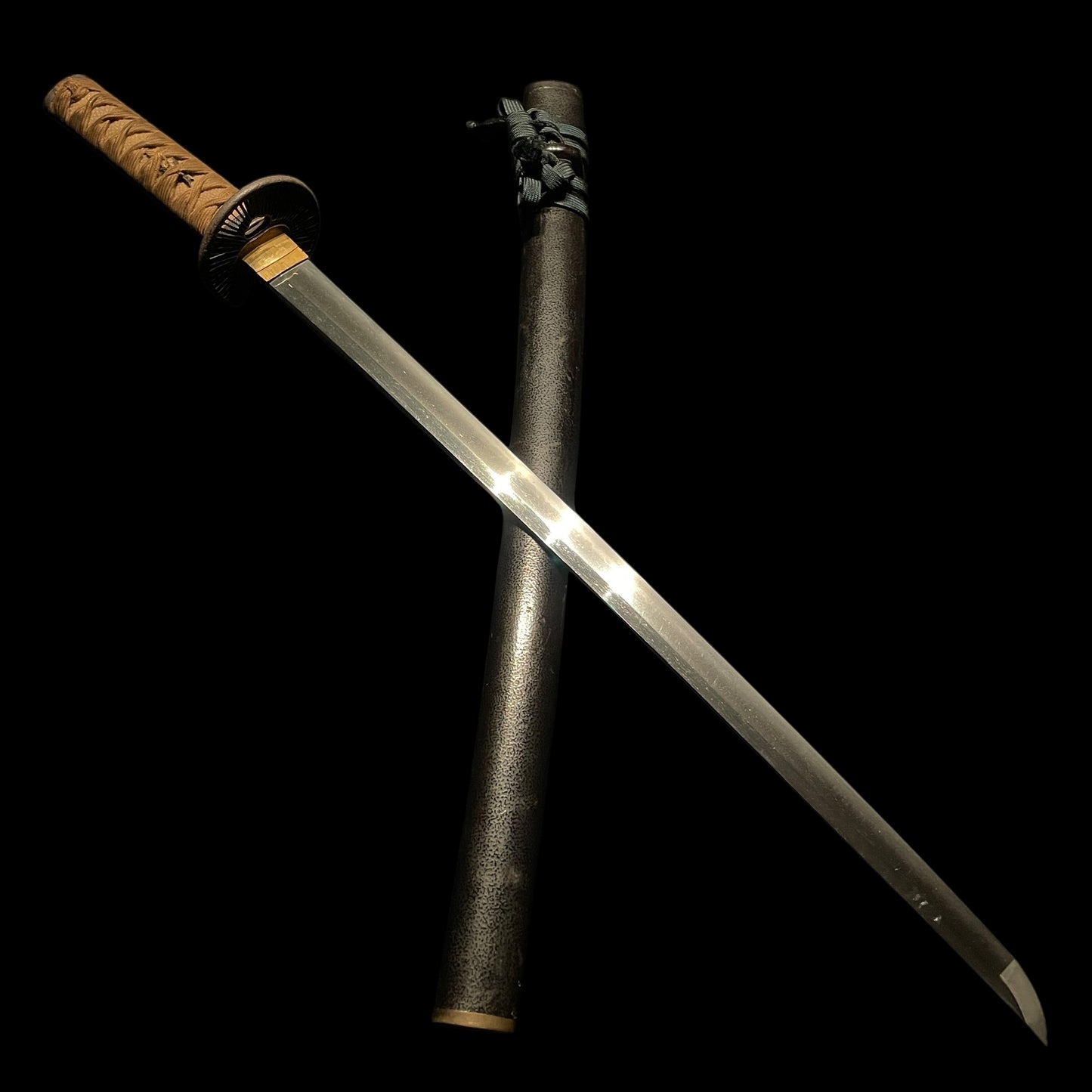 Kyosukashi-Tsuba 京透鍔 Long Wakizashi, Shakudo Nanakoji Fuchikashira 赤銅魚々子地縁頭