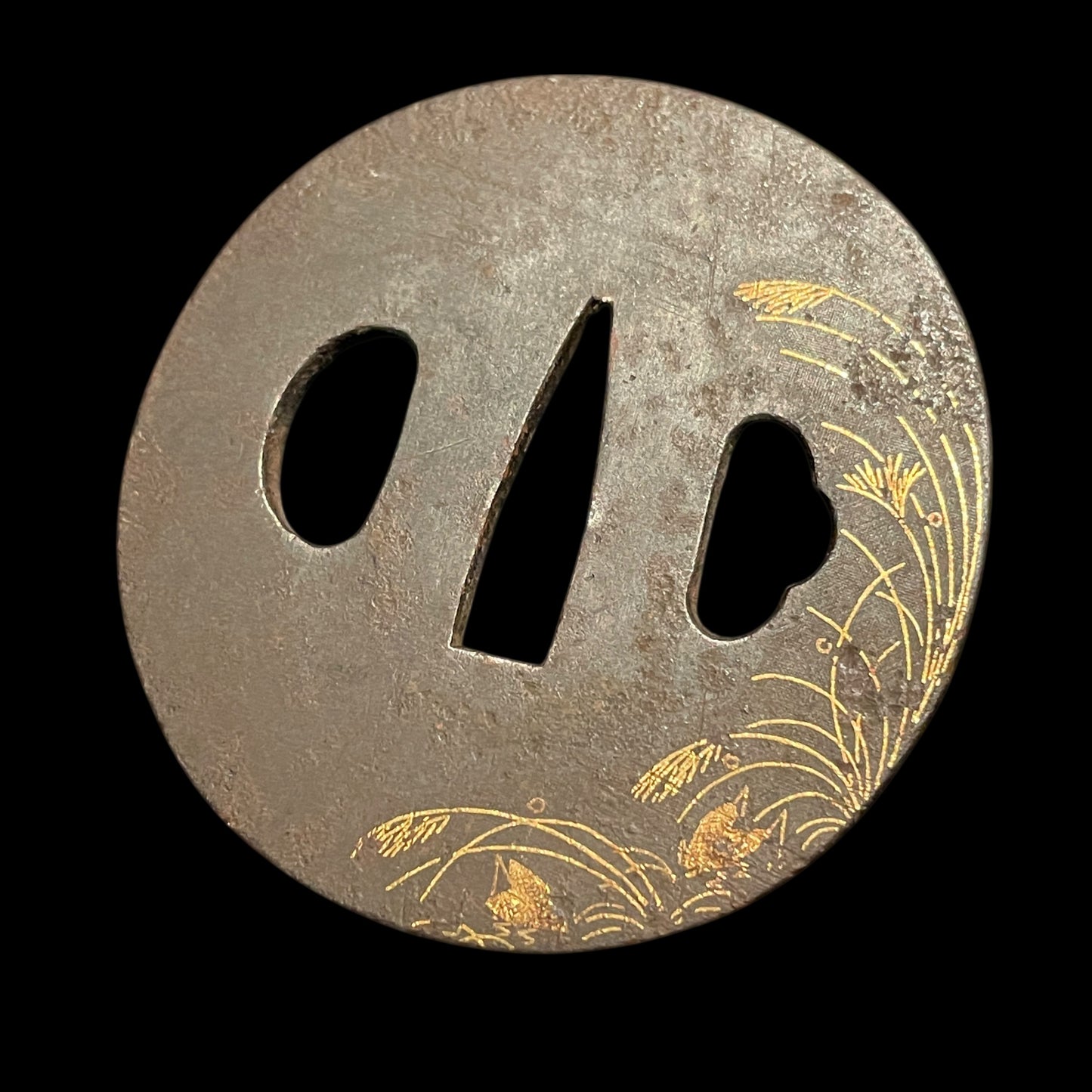 Black Wakizashi, Japanese pampas grass Tsuba, Edo period mumei