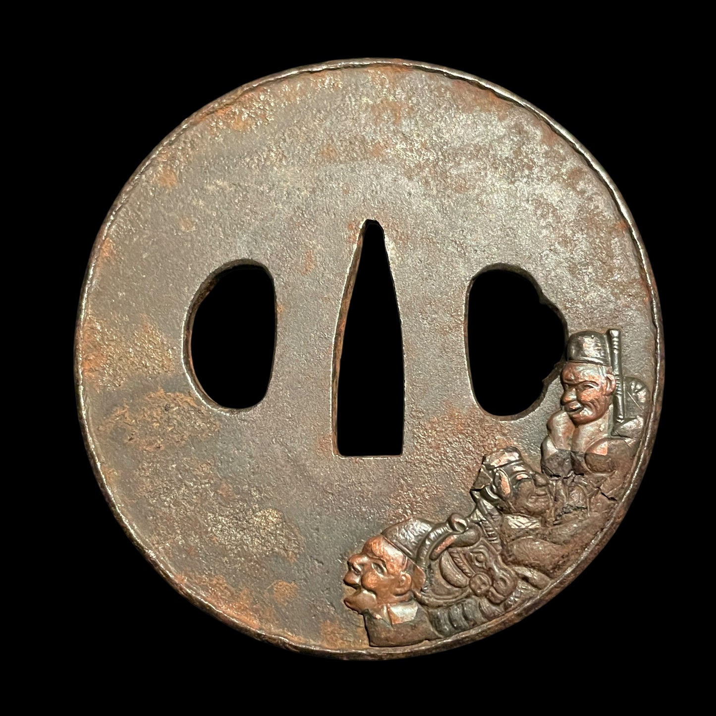 Black Suguha Wakizashi, Jinbutsu-Tsuba 人物図鍔, Edo period mumei