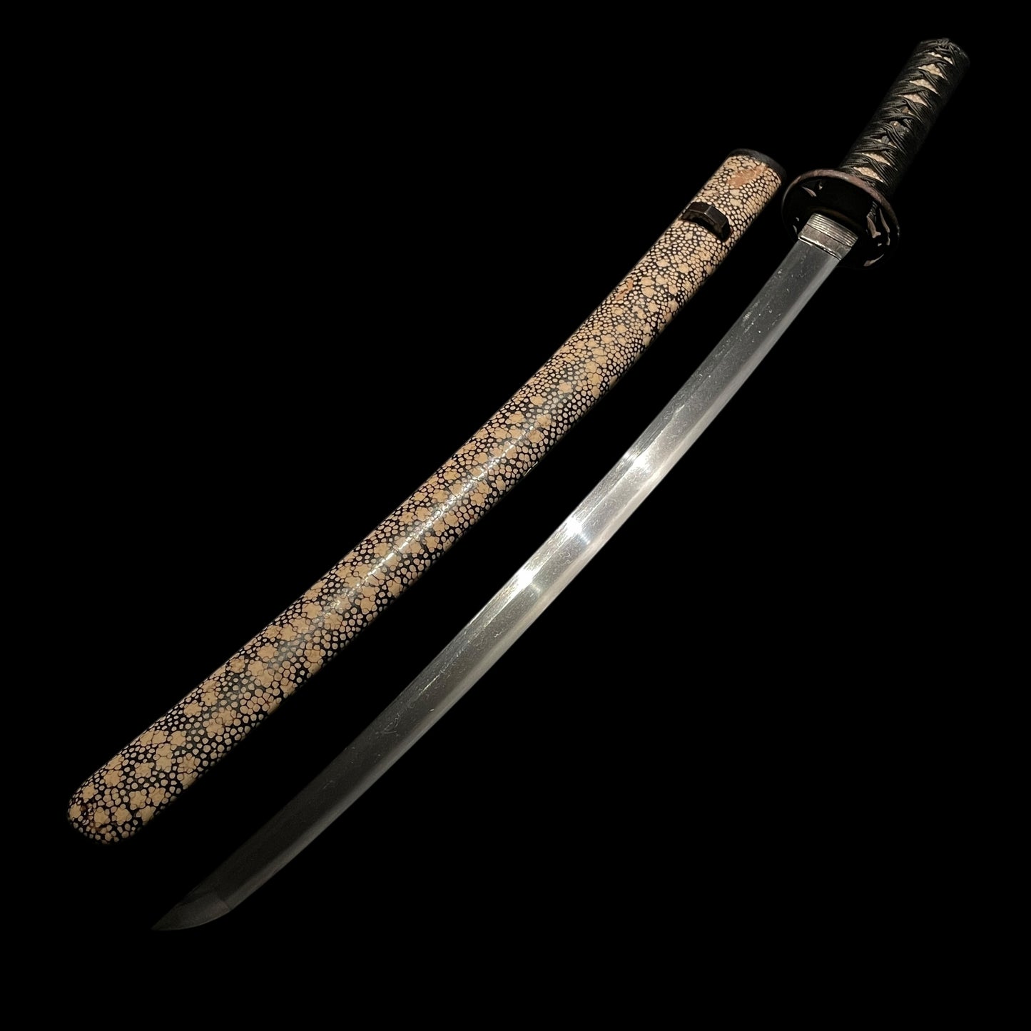 Kairagisaya 梅花皮鞘 Rayskin Scabbard WAKIZASHI, Persimmon Tsuba 柿透鍔, Edo period