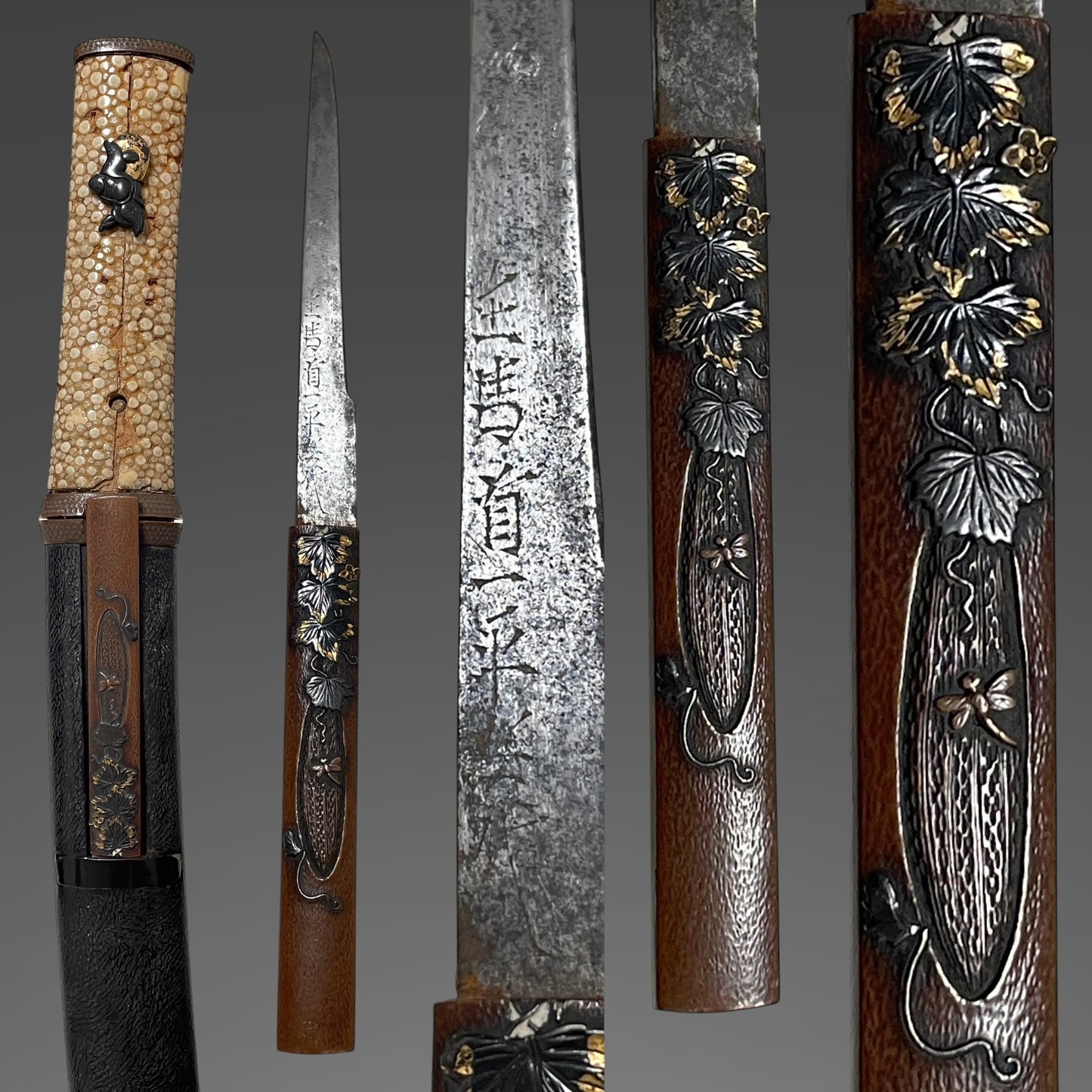Sukesada 祐定 signed Aikuchi Koshirae Sunnobi-TANTO, Copper Fittings with Kozuka