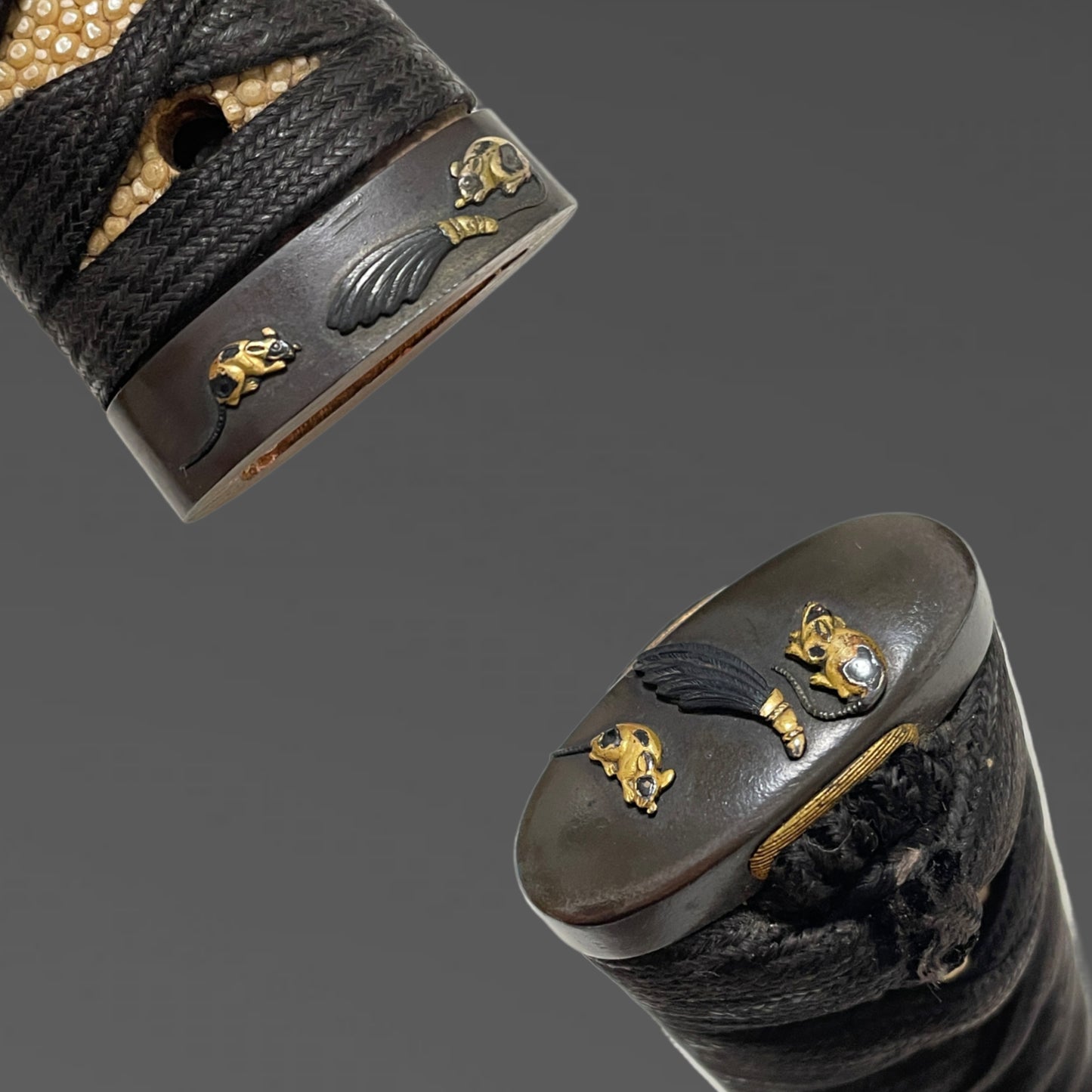 Ookissaki 大切先 Wakizashi, Mouse Fuchikashira 羽箒鼠縁頭, Yanagioni Kozuka, Edo period mumei