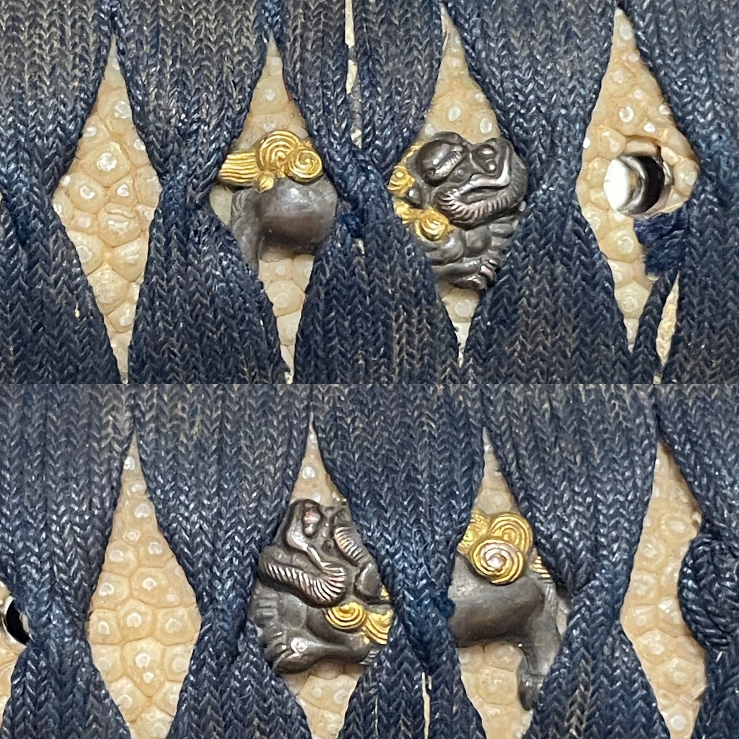 Silver inlay Iron Fittings TANTO, Shishi Menuki 獅子目貫, Edo period mumei