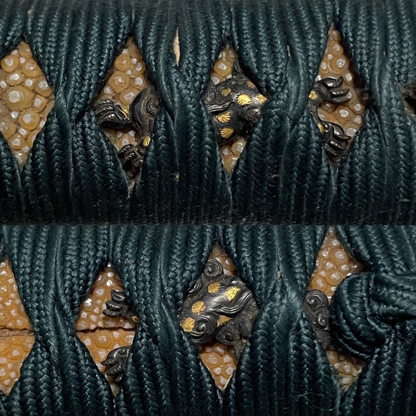 Thick TANTO, Shishi Menuki 獅子目貫, Gold inlay Tsuba, Edo period mumei