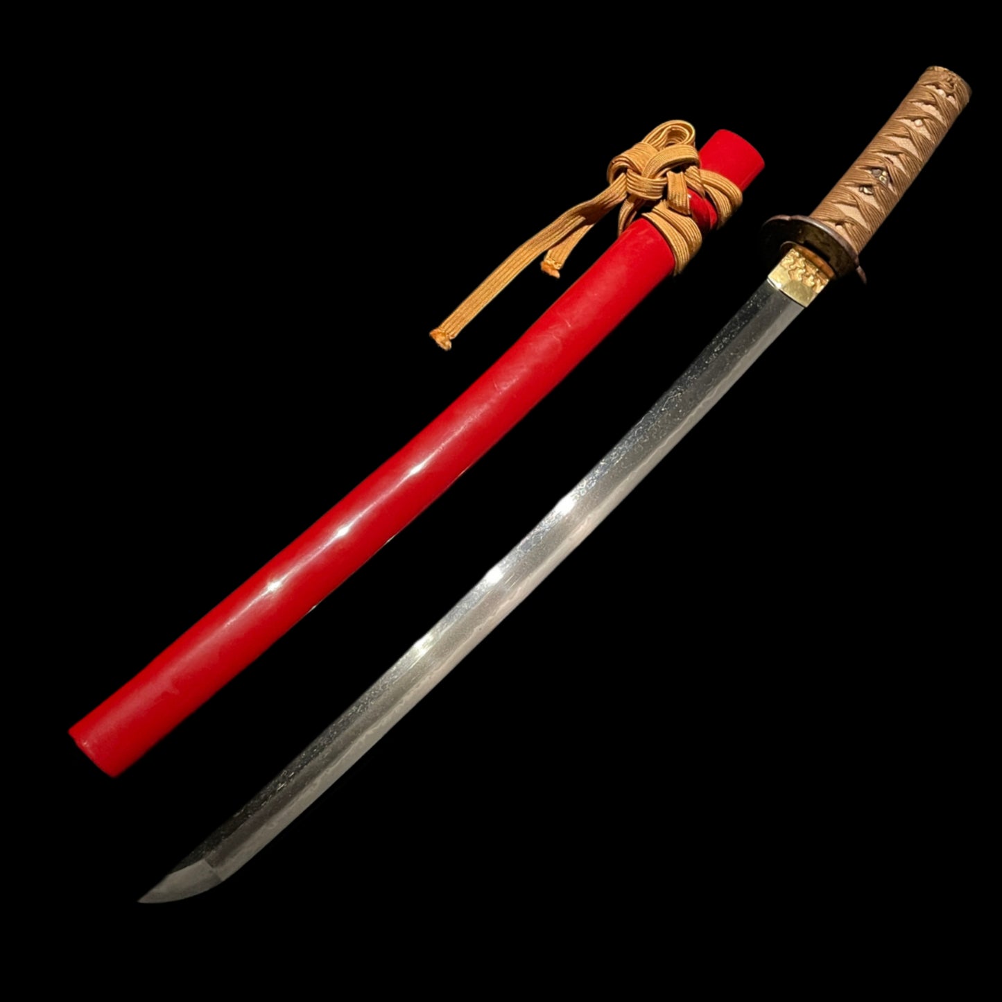 Red WAKIZASHI with Kozuka, 来國 signed, Samurai Fuchikashira