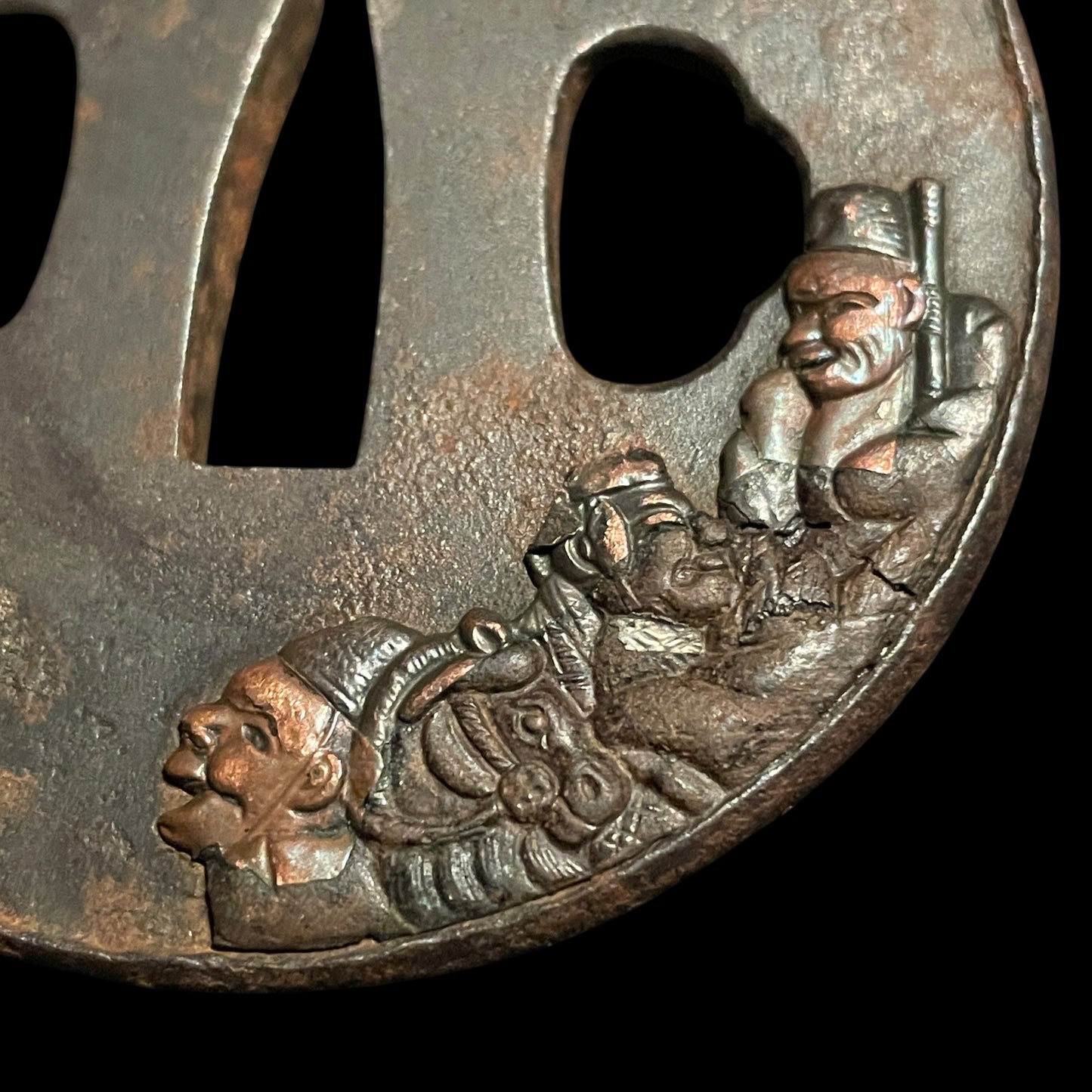 Black Suguha Wakizashi, Jinbutsu-Tsuba 人物図鍔, Edo period mumei