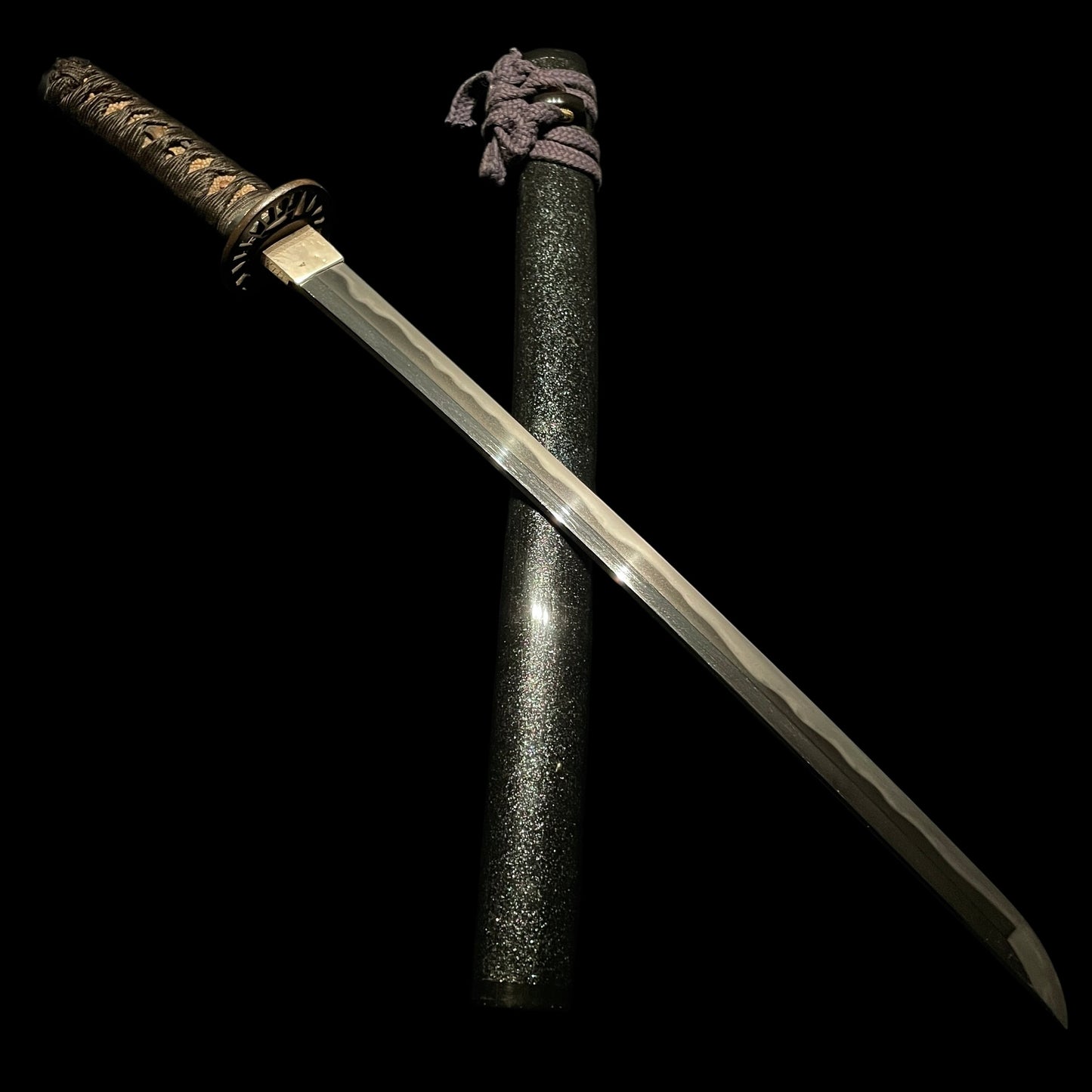 Black Wakizashi, Tsukashi Tsuba 透鍔, Early Edo period mumei