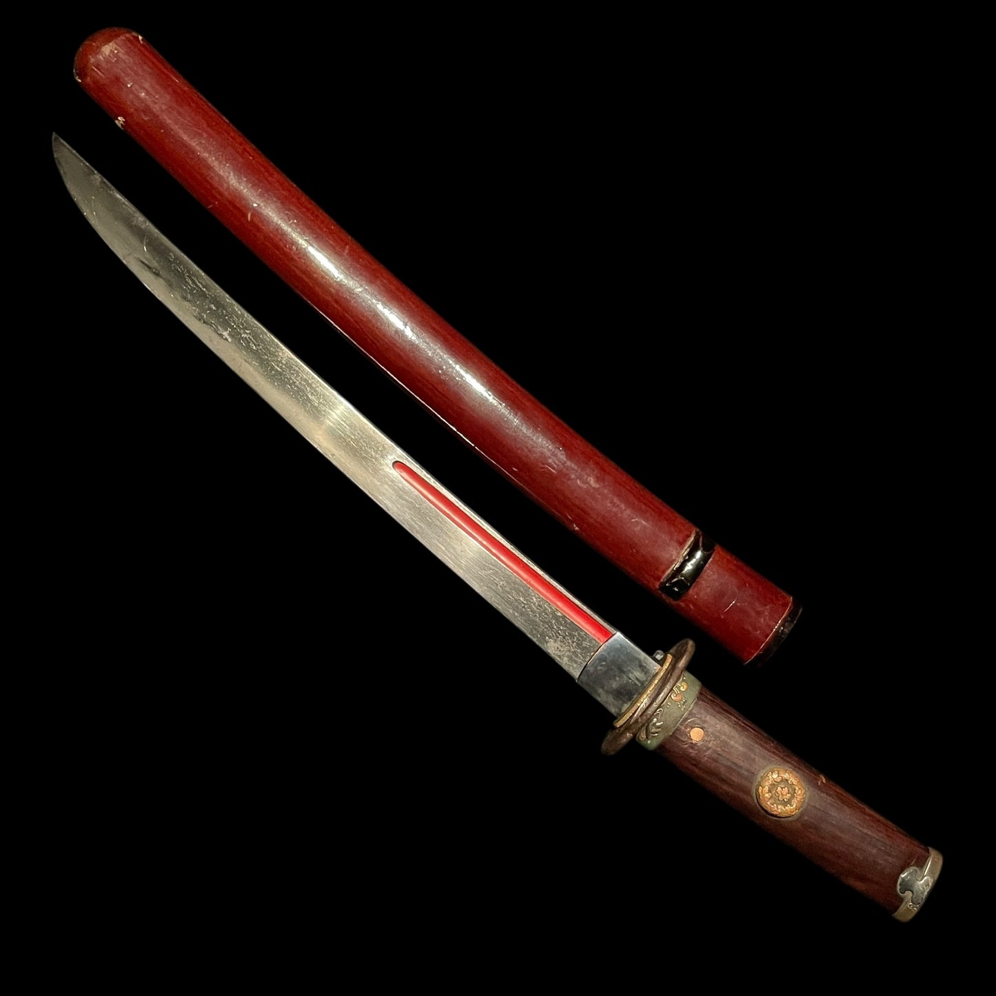 Red Wakizashi, Nobuhisa 宣壽 signed Tsuba, 朱塗腰樋 Red Koshibi, Edo period mumei