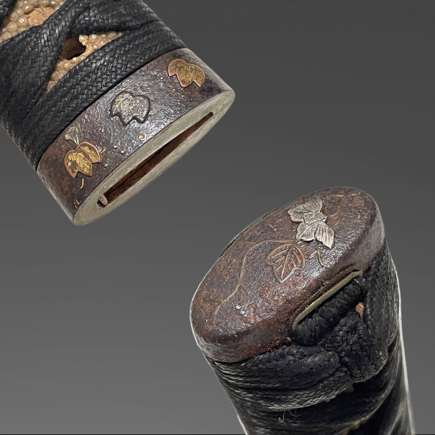 Tsutamon Fuchikashira 蔦紋縁頭 Long Wakizashi, Shakudo Shishi Menuki, Edo period mumei