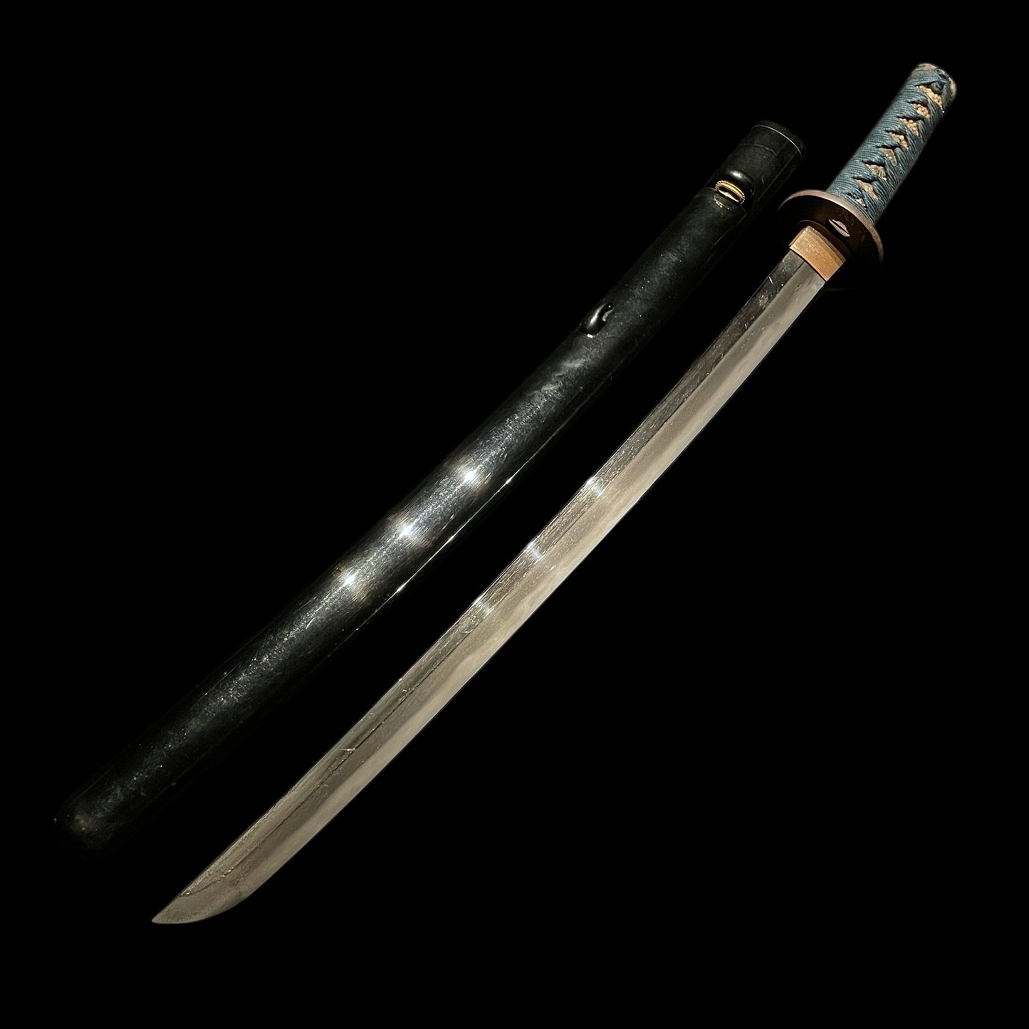 Black Wakizashi, Japanese pampas grass Tsuba, Edo period mumei