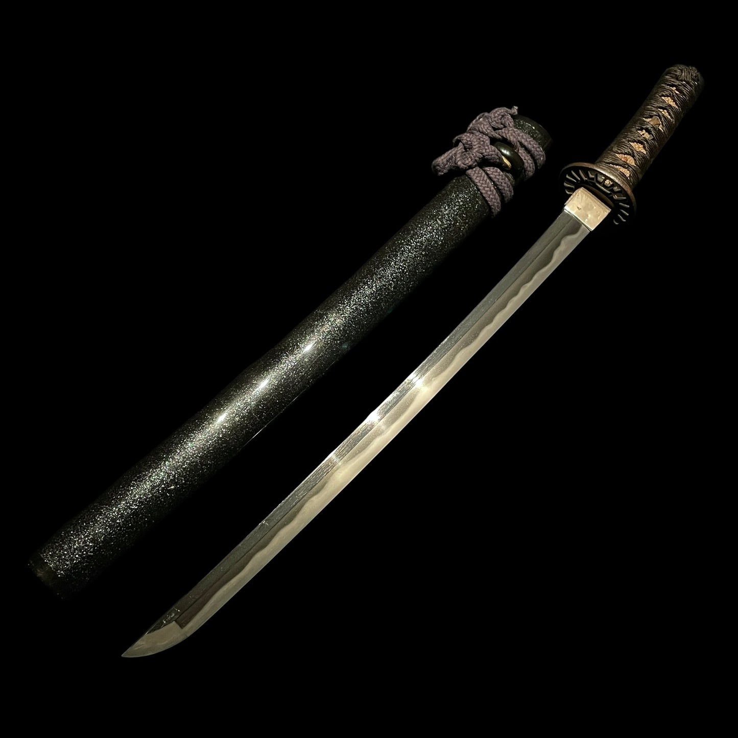 Black Wakizashi, Tsukashi Tsuba 透鍔, Early Edo period mumei