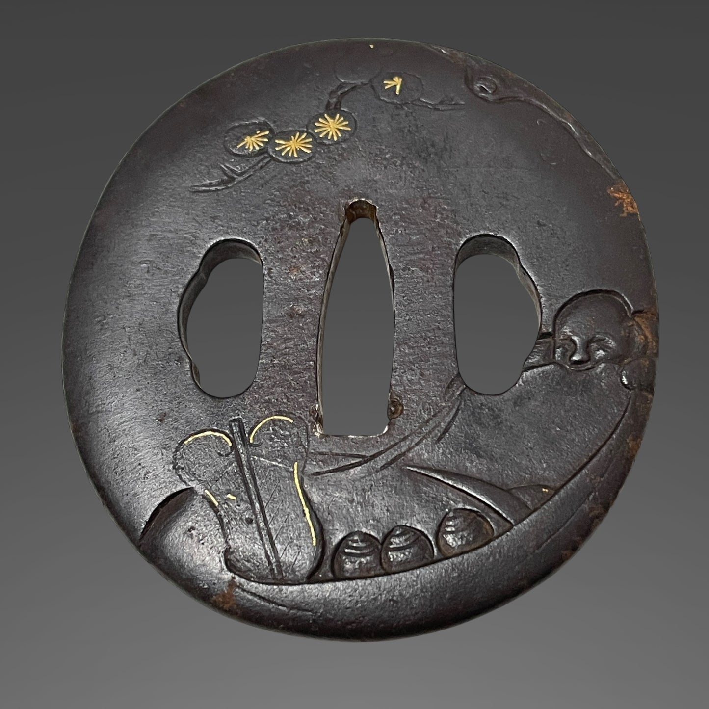 Wide Hirazukuri Wakizashi, Masahiro 正廣 signed, Hotei Tsuba 布袋鍔, Muromachi period mumei