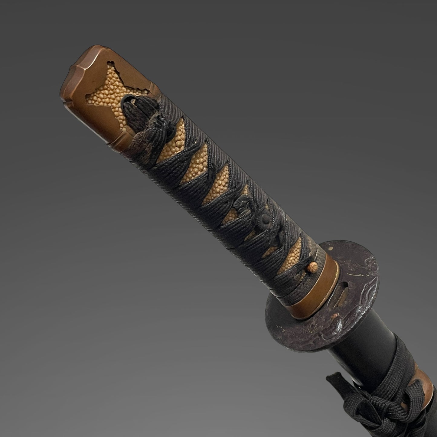 Handachi Koshirae Wakizashi 半太刀拵脇差, Copper Fittings, Tsukimirojin-Tsuba 月見老人鍔
