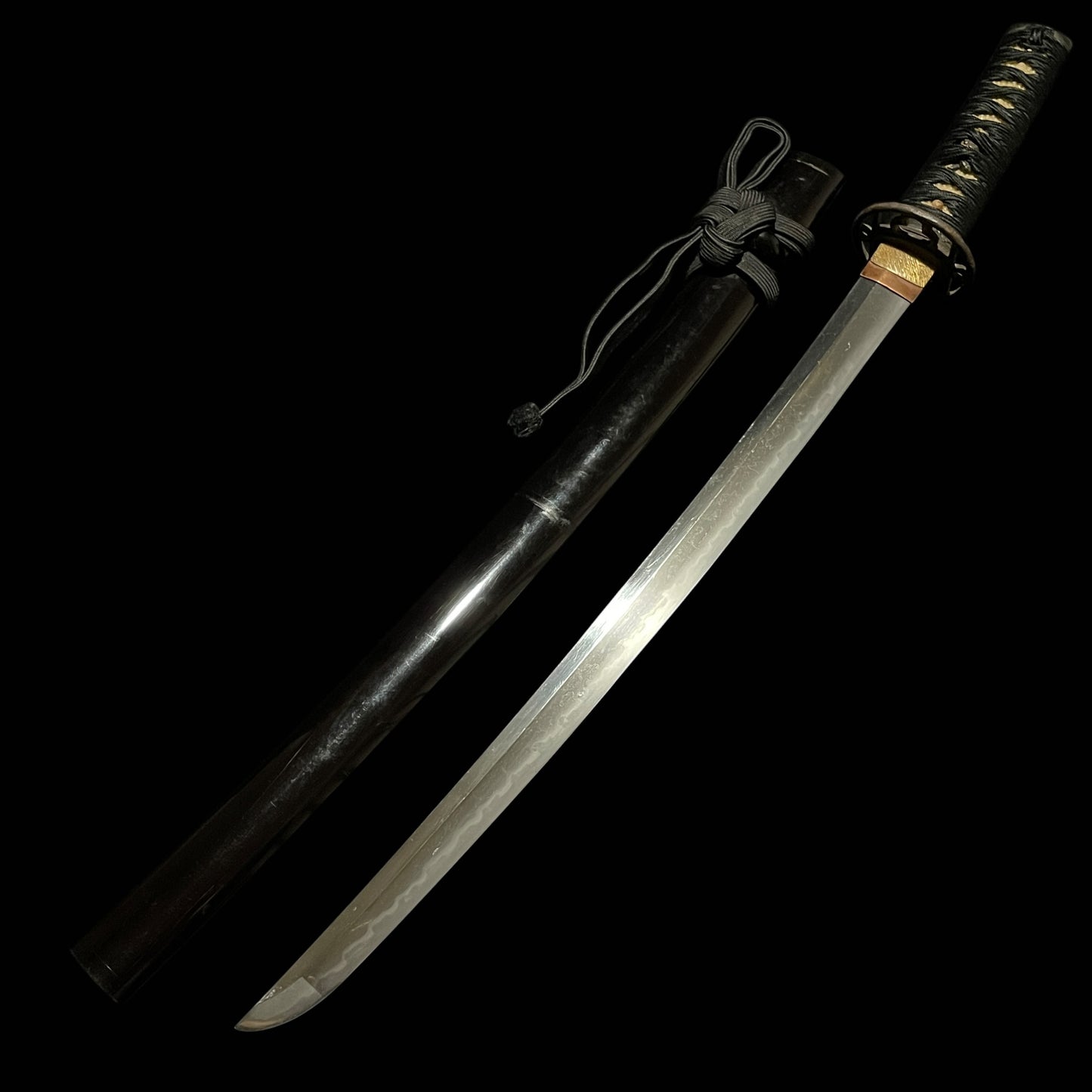 Black Wakizashi, Shakudo Shishi Fuchikashira, Edo period mumei