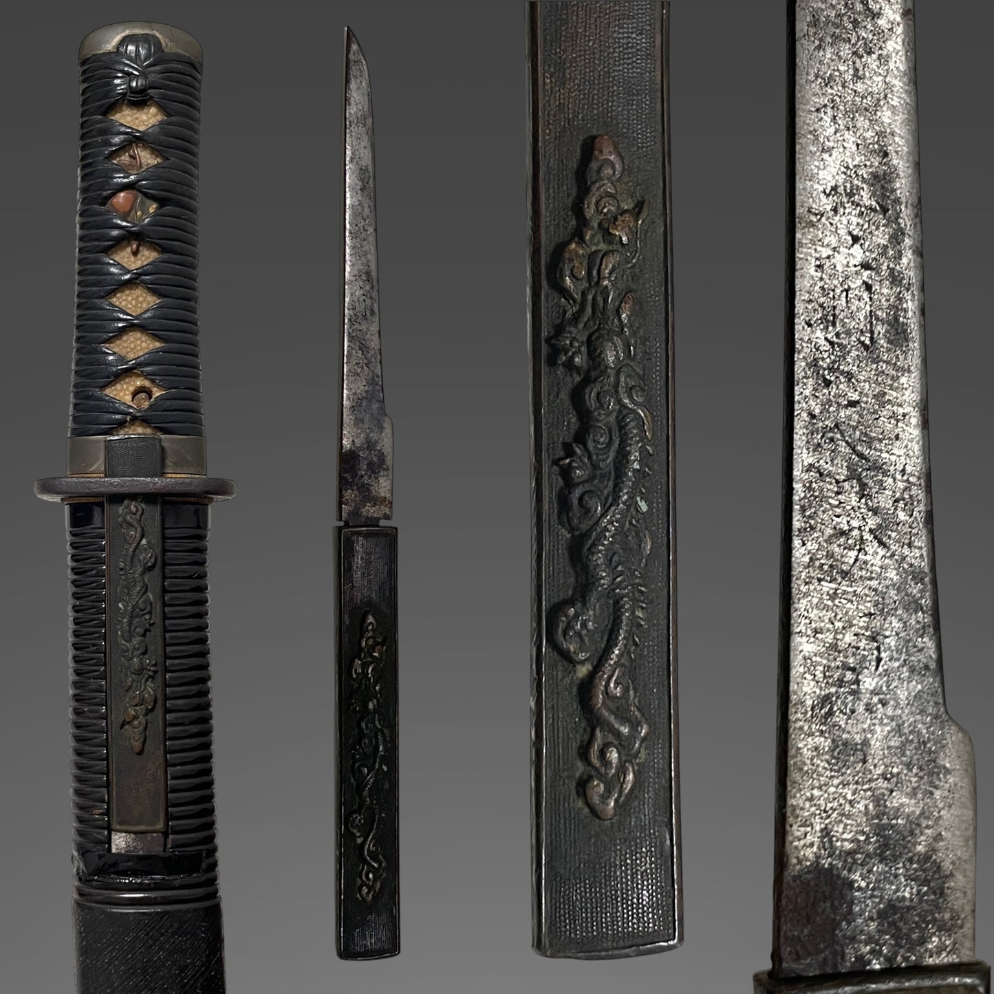 Unokubi-Zukuri 鵜首造, Koshikizami-Saya 腰刻鞘 TANTO, Thick Blade, with Dragon Kozuka