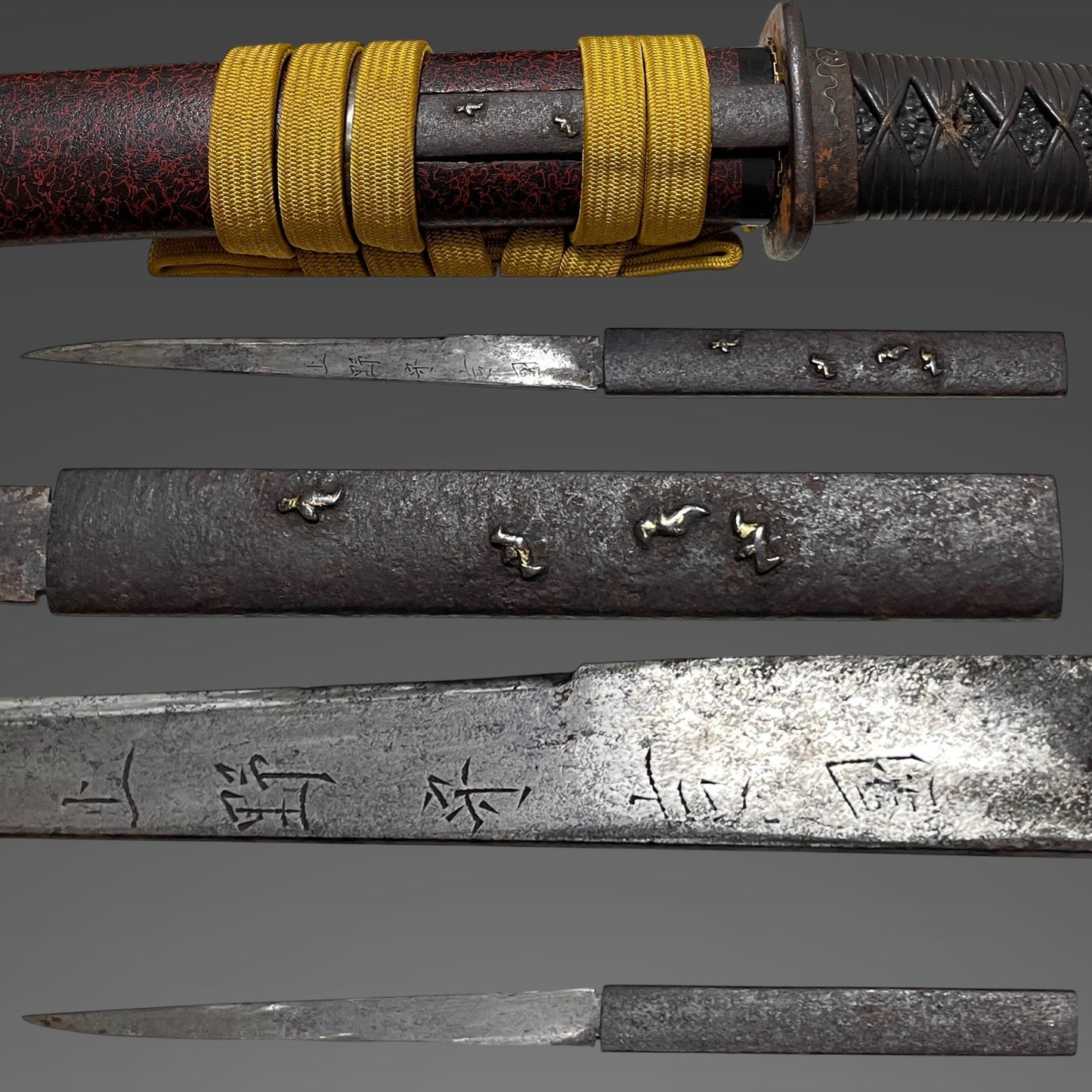 Red Wakizashi with Kozuka, Shakudo Horse Menuki, Aoimon 葵紋 Scabbard, Edo period