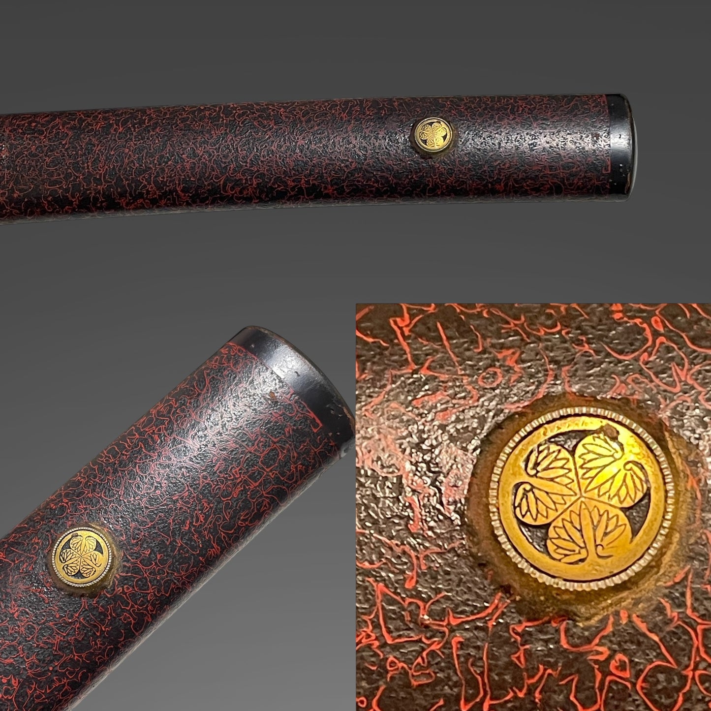 Red Wakizashi with Kozuka, Shakudo Horse Menuki, Aoimon 葵紋 Scabbard, Edo period