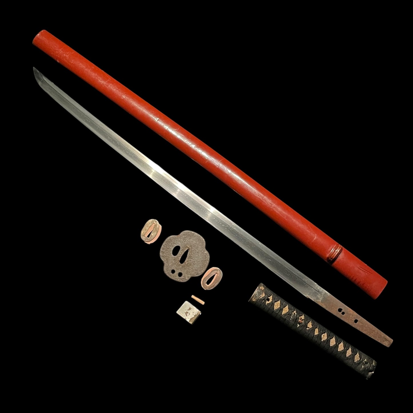 Straight Blade RED KATANA, Flower Fuchikashira, Edo period mumei