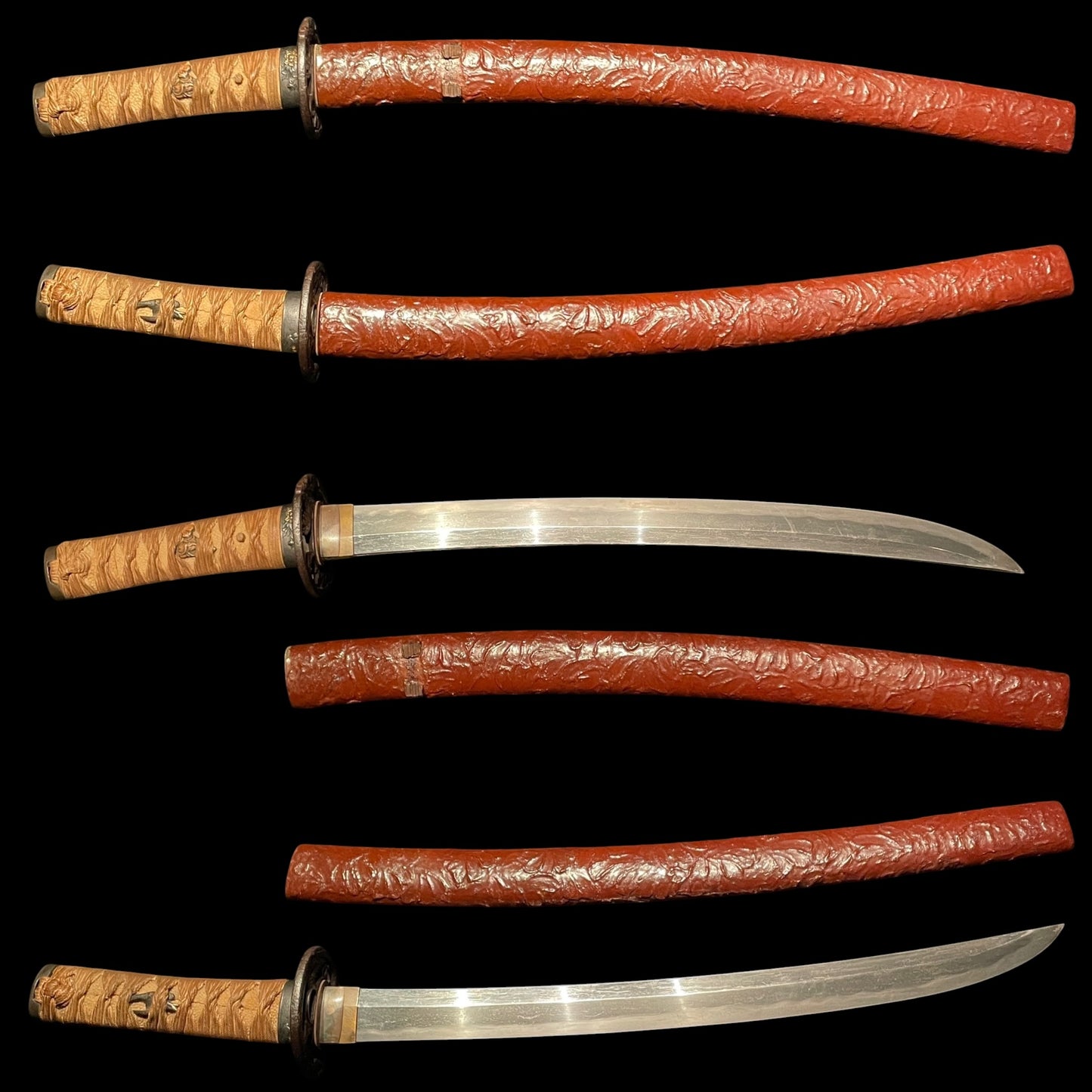 Red Shobuzukuri Wakizashi, Dragon Tsuba, Peony Fuchikashira, Muromachi period mumei