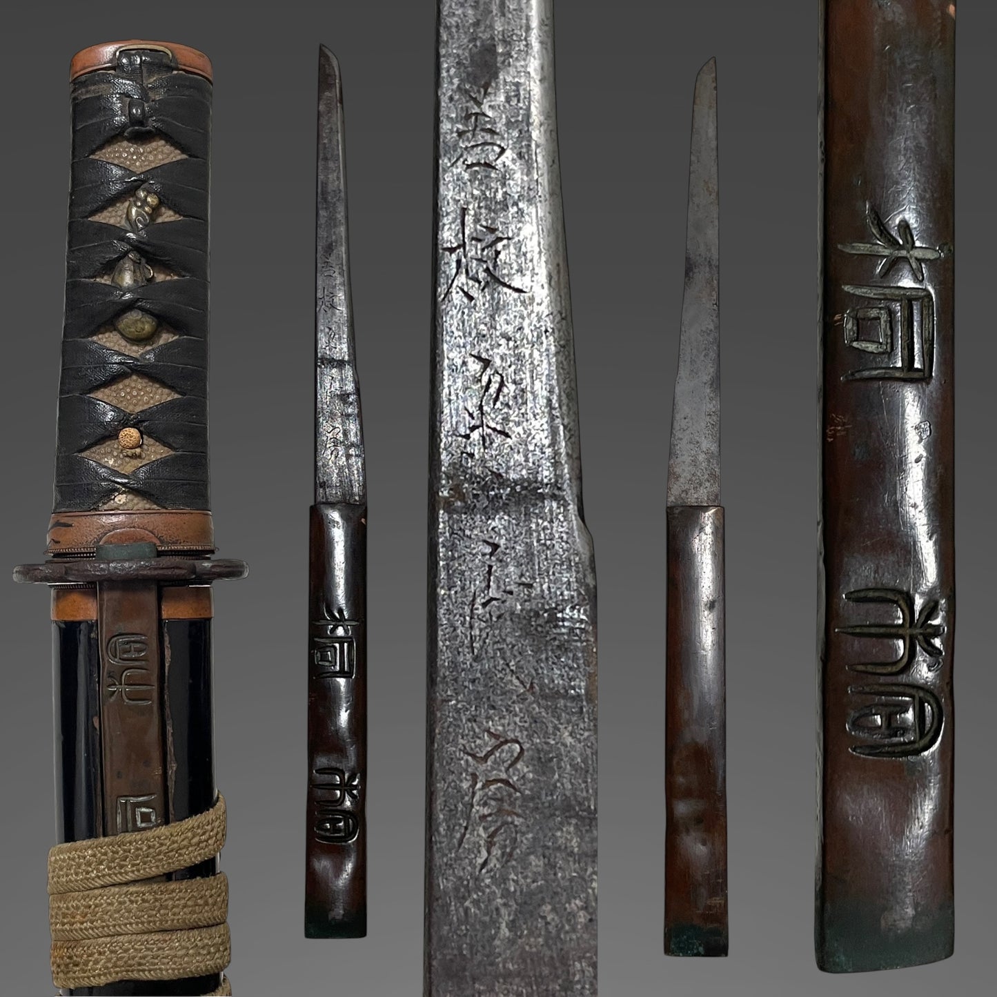 Copper Fittings TANTO, Kanji 漢字 Kozuka, Homarekizu 誉傷, Edo period mumei