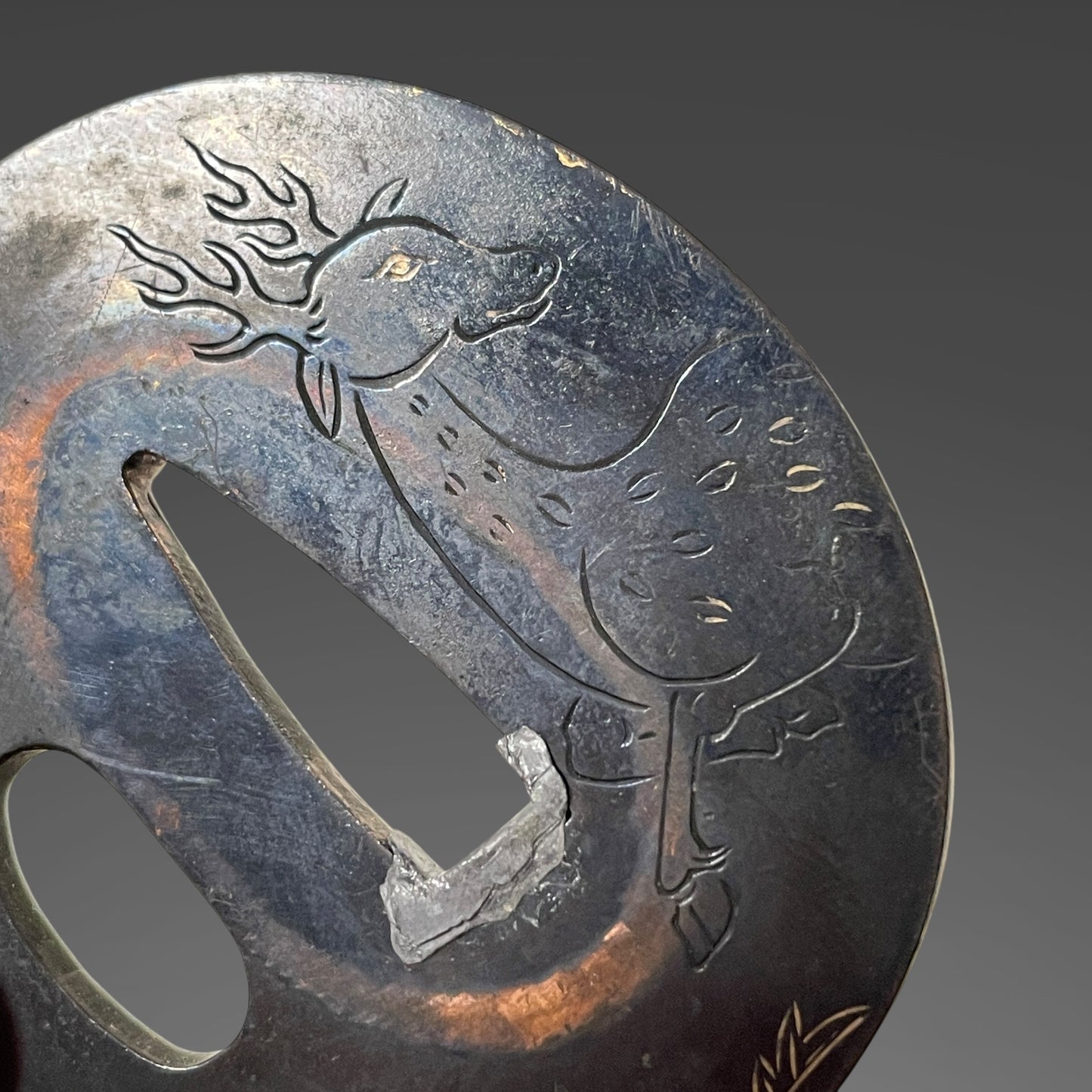 Kanmuriotoshi 冠落とし Wakizashi, Deer Tsuba, Edo period mumei