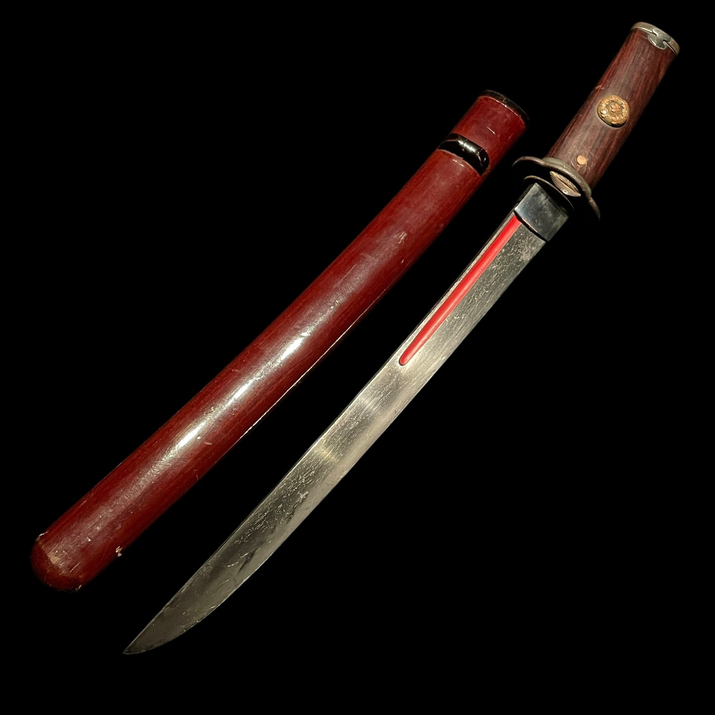 Red Wakizashi, Nobuhisa 宣壽 signed Tsuba, 朱塗腰樋 Red Koshibi, Edo period mumei