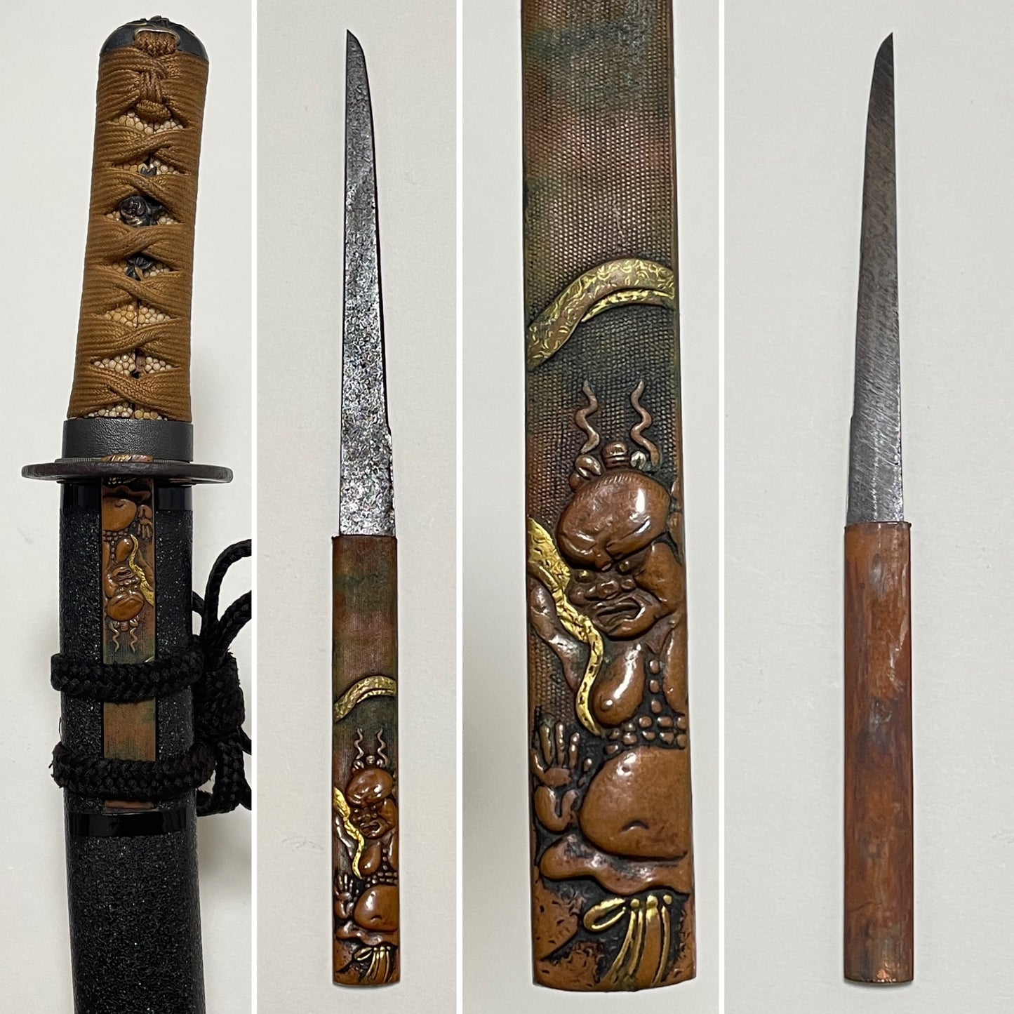 Fuyuhiro 冬広 Shobuzukuri TANTO, Raijin Kozuka 雷神小柄, Muromachi period