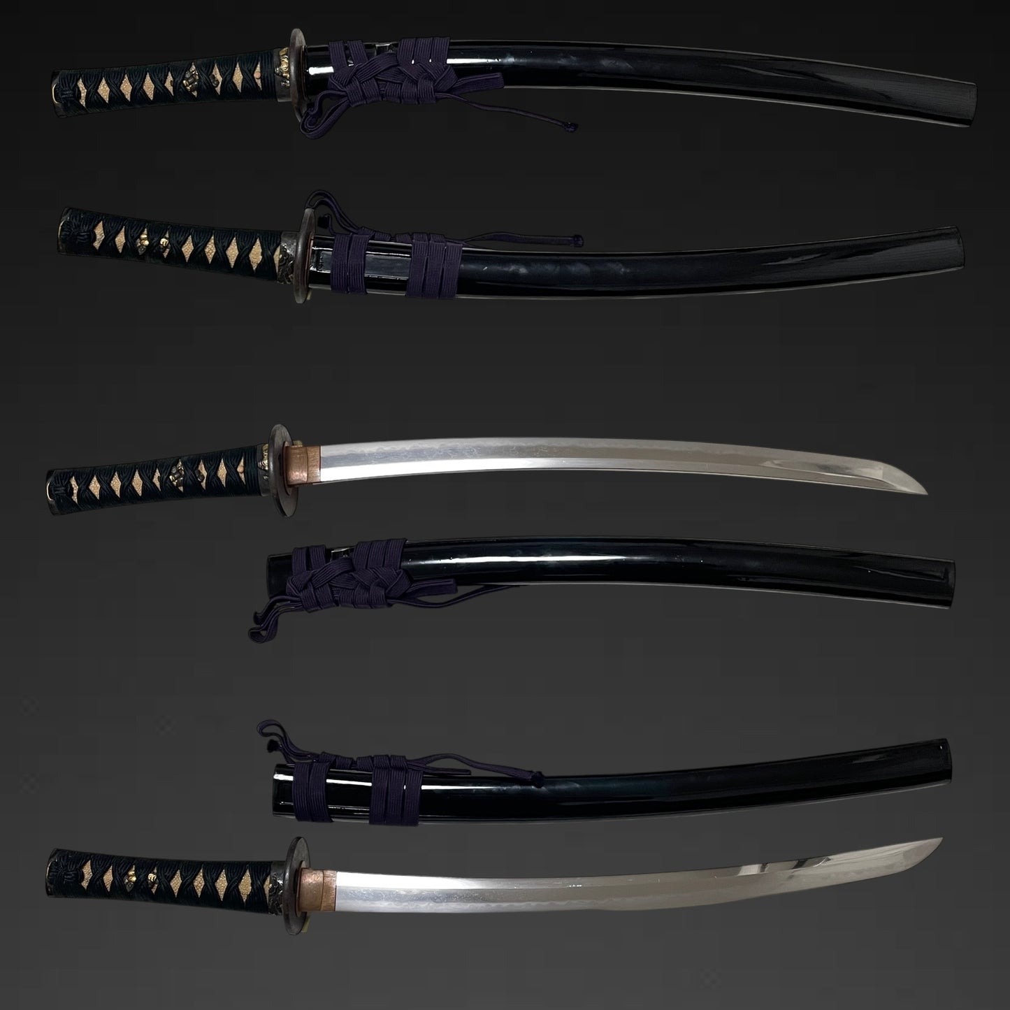 Sanbonsugi-Hamon 三本杉刃文 Wakizashi, Shichifukujin Fittings, Muromachi period mumei