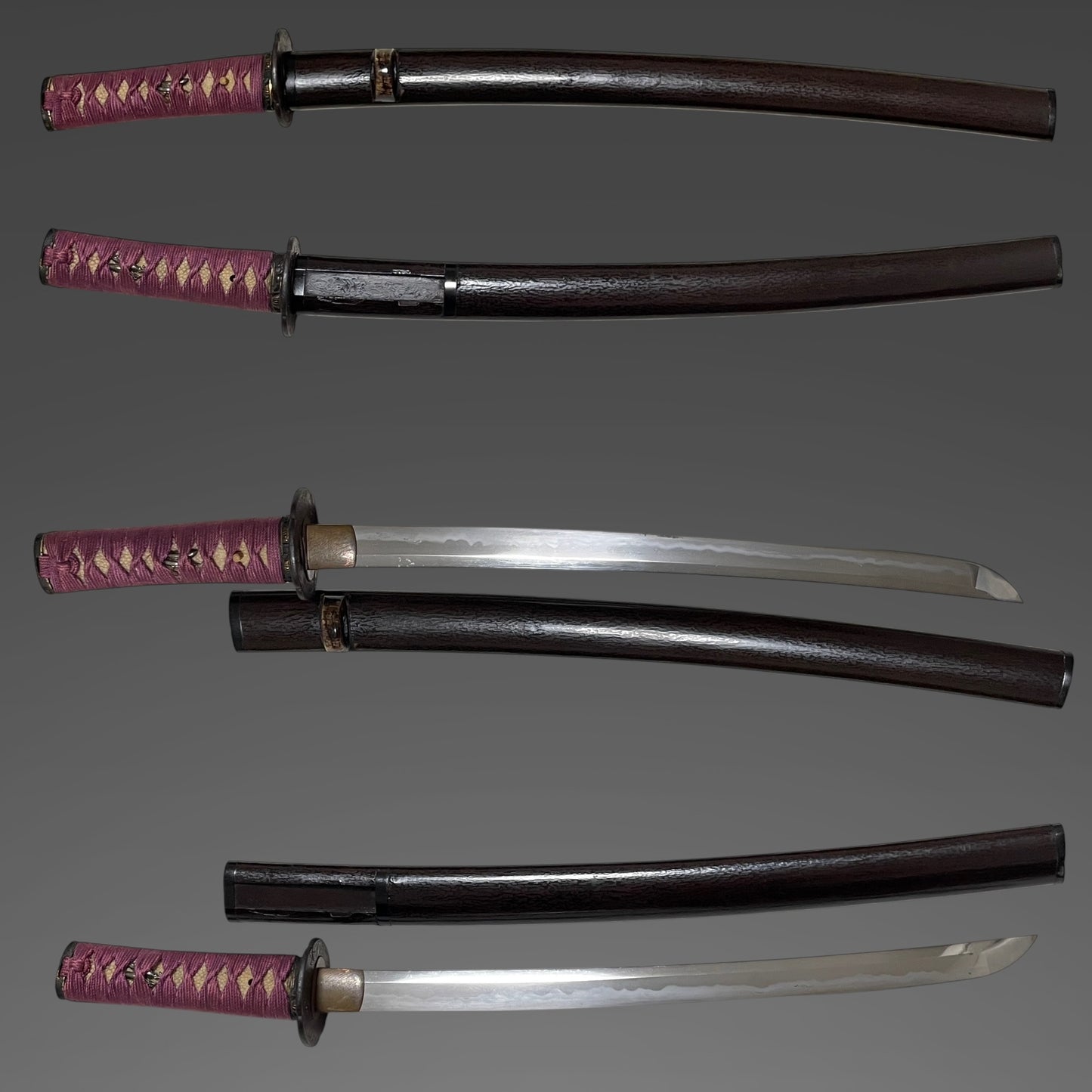 Short Wakizashi, Purple Tsukamaki, Peas Menuki, Edo period mumei