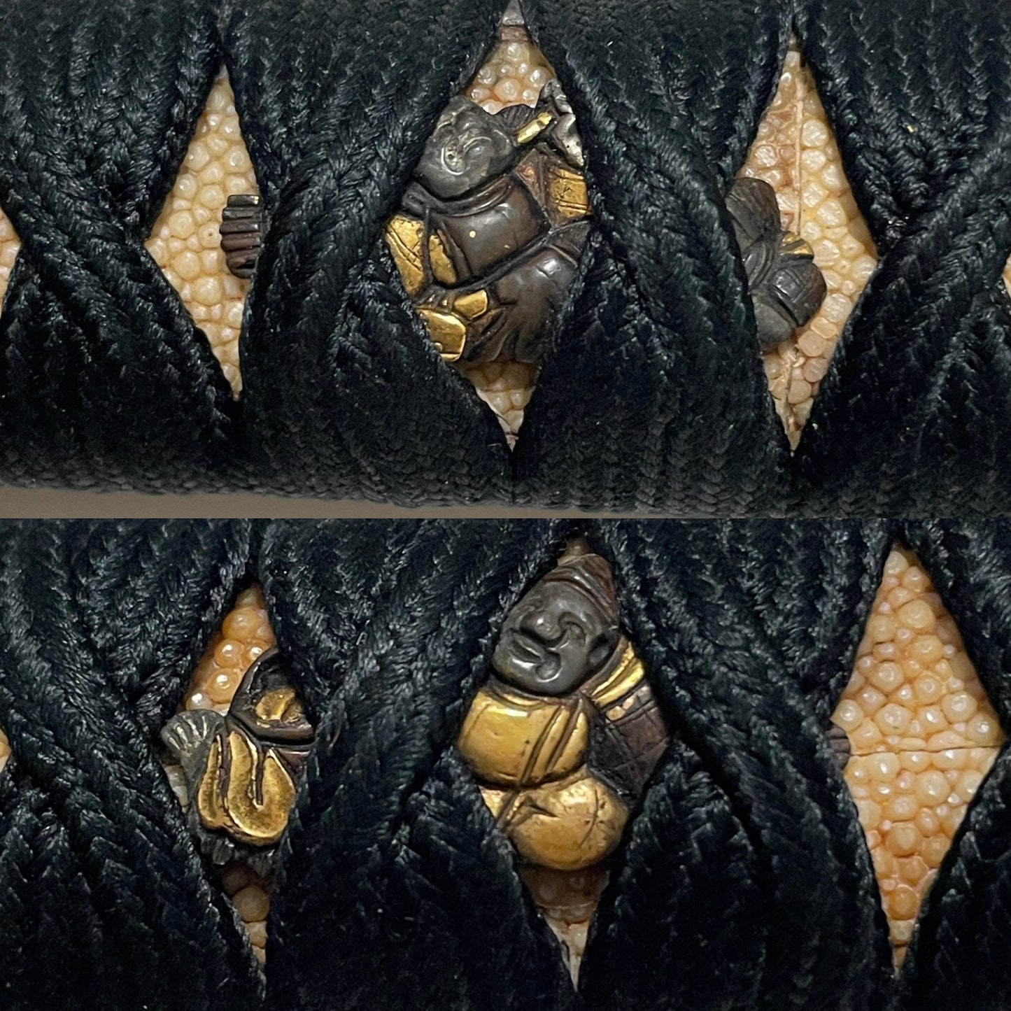Sanbonsugi-Hamon 三本杉刃文 Wakizashi, Shichifukujin Fittings, Muromachi period mumei