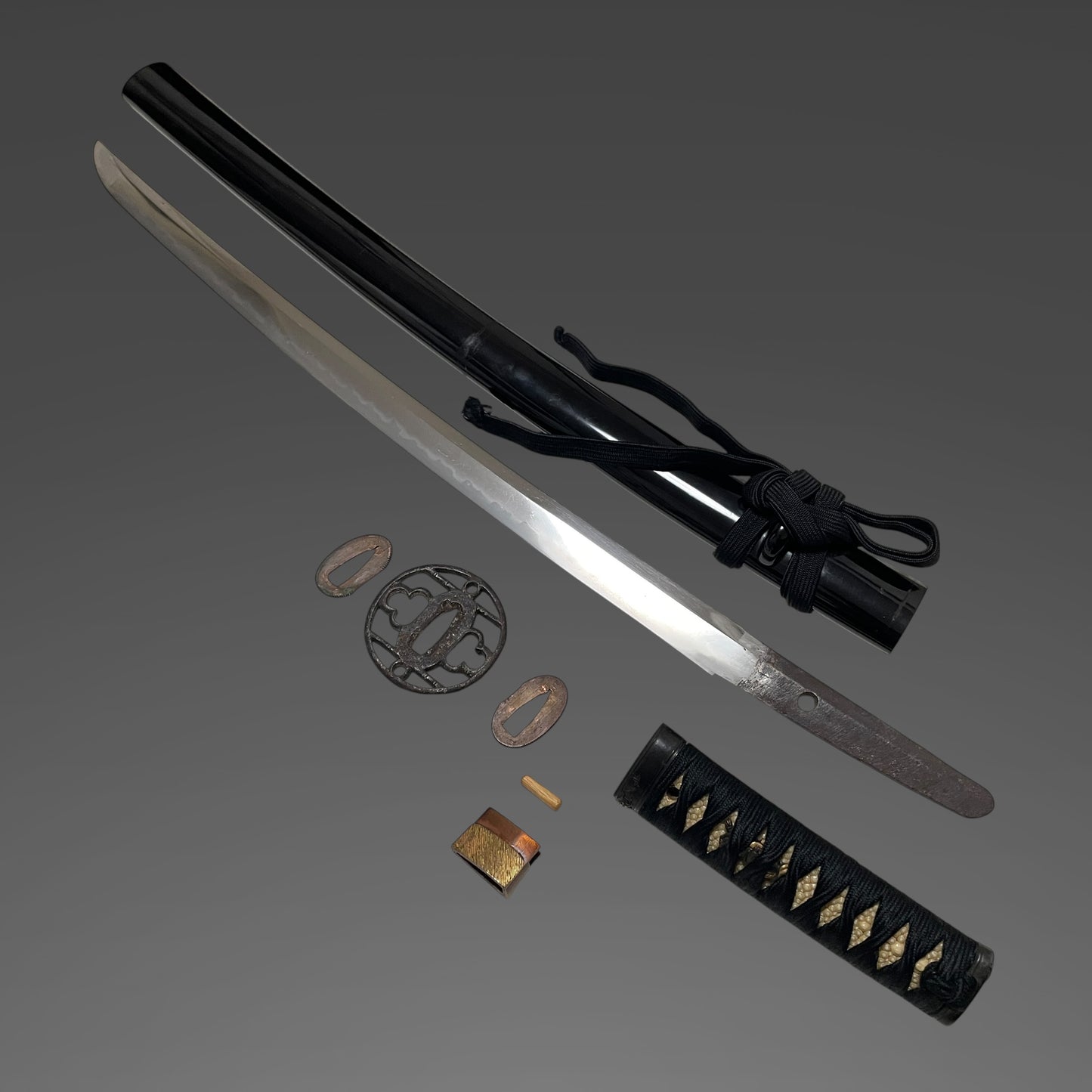 Black Wakizashi, Shakudo Shishi Fuchikashira, Edo period mumei