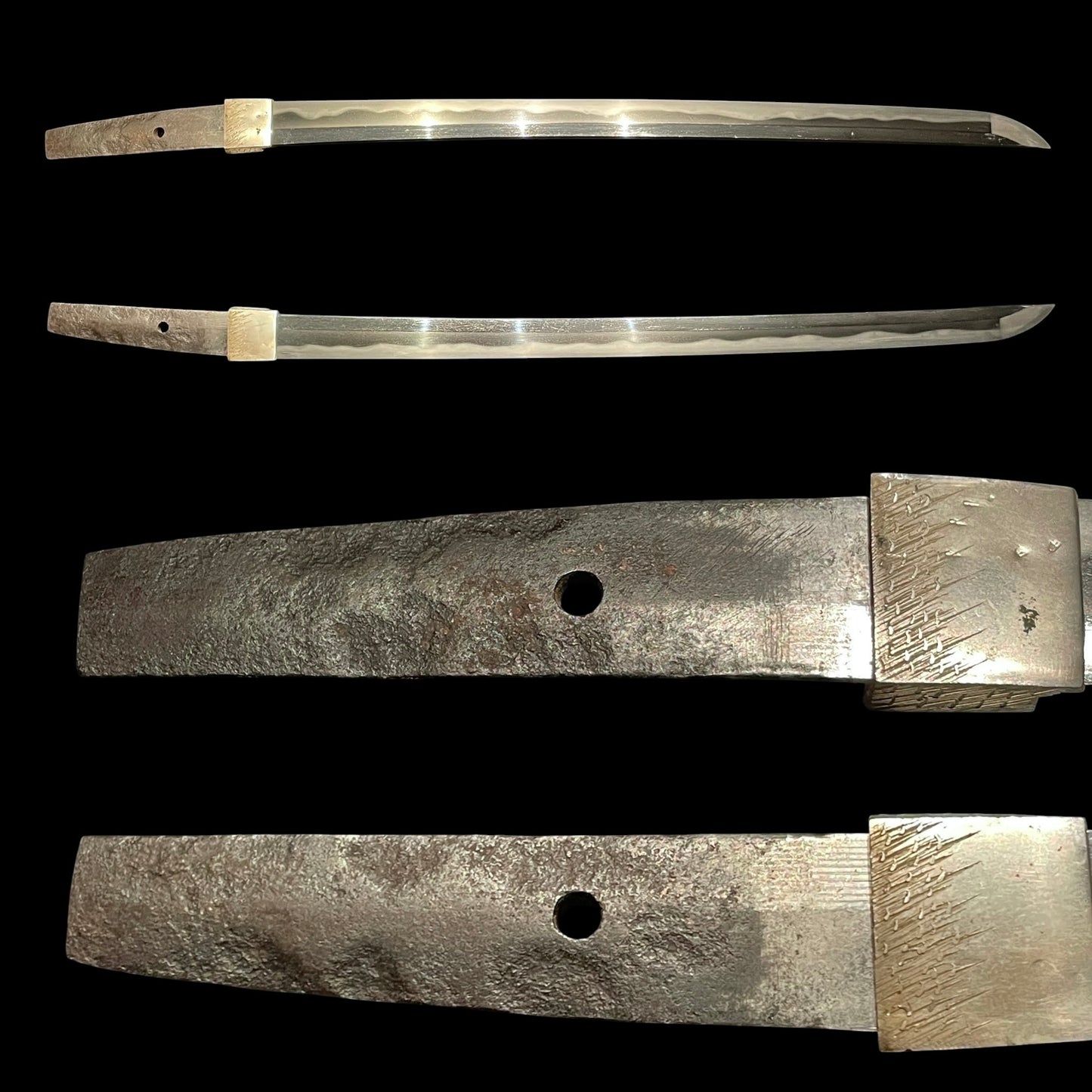 Black Wakizashi, Tsukashi Tsuba 透鍔, Early Edo period mumei