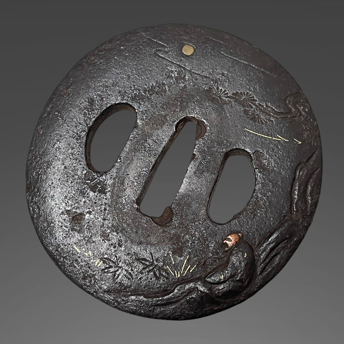Handachi Koshirae Wakizashi 半太刀拵脇差, Copper Fittings, Tsukimirojin-Tsuba 月見老人鍔