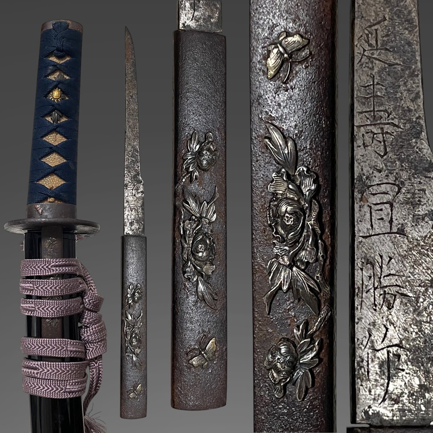 Hirazukuri Wakizashi, Butterflies and peonies Fittings, Enju Nobukatsu signed Kozuka