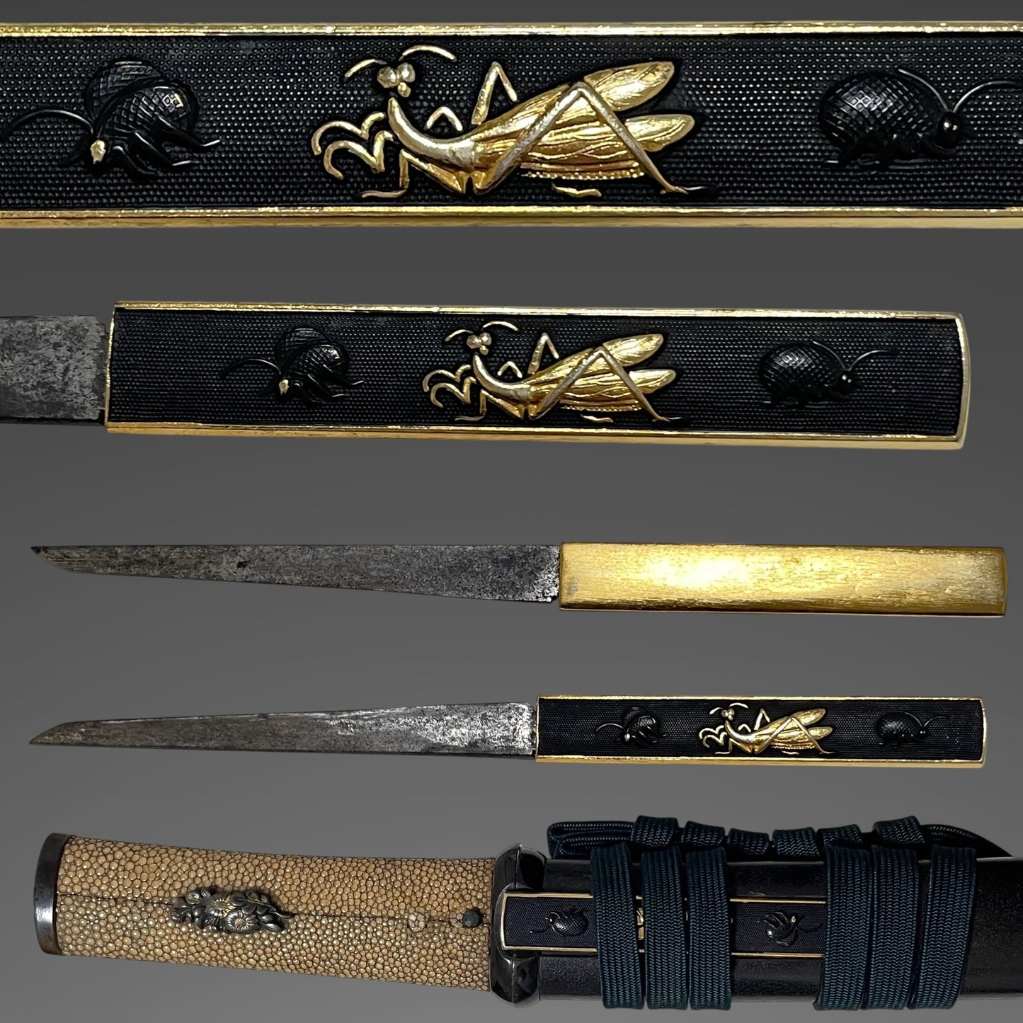 Aikuchi Koshirae TANTO 合口拵短刀, Kaneari 兼在 signed, Mantis Kozuka, Muromachi period