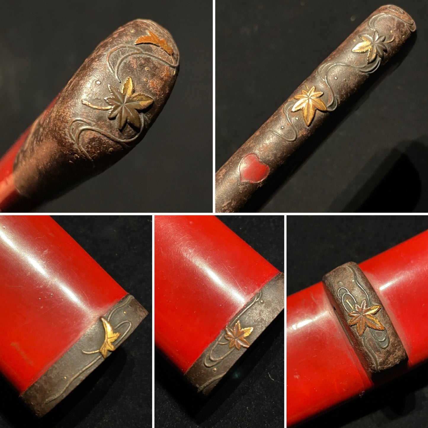 Red Wakizashi, Soshu 相州 signed, 流水に紅葉  Fittings, Plum TSUBA