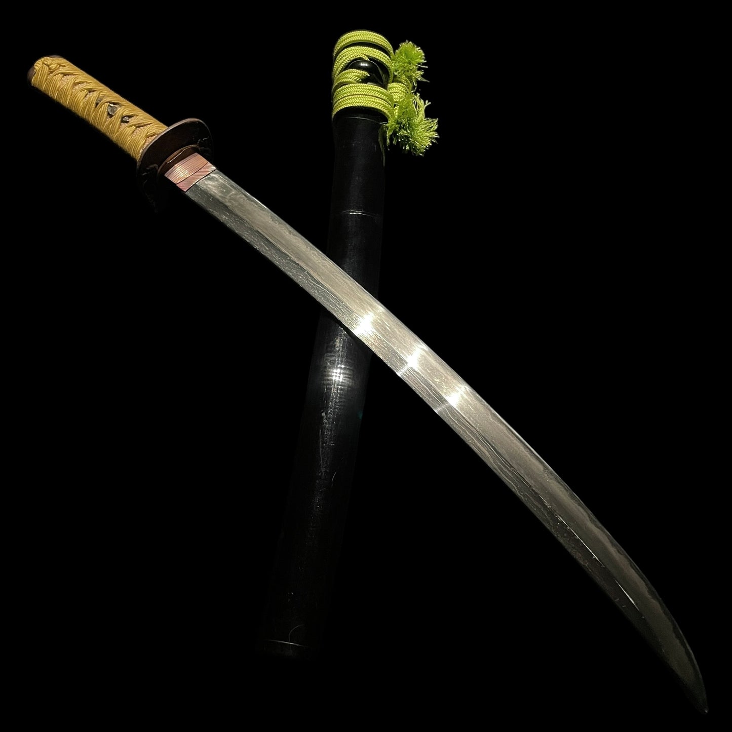Naginata Naoshi Wakizashi, Samurai Tsuba, Miminaga Usagi 耳長兎 Fuchi, Muromachi period mumei
