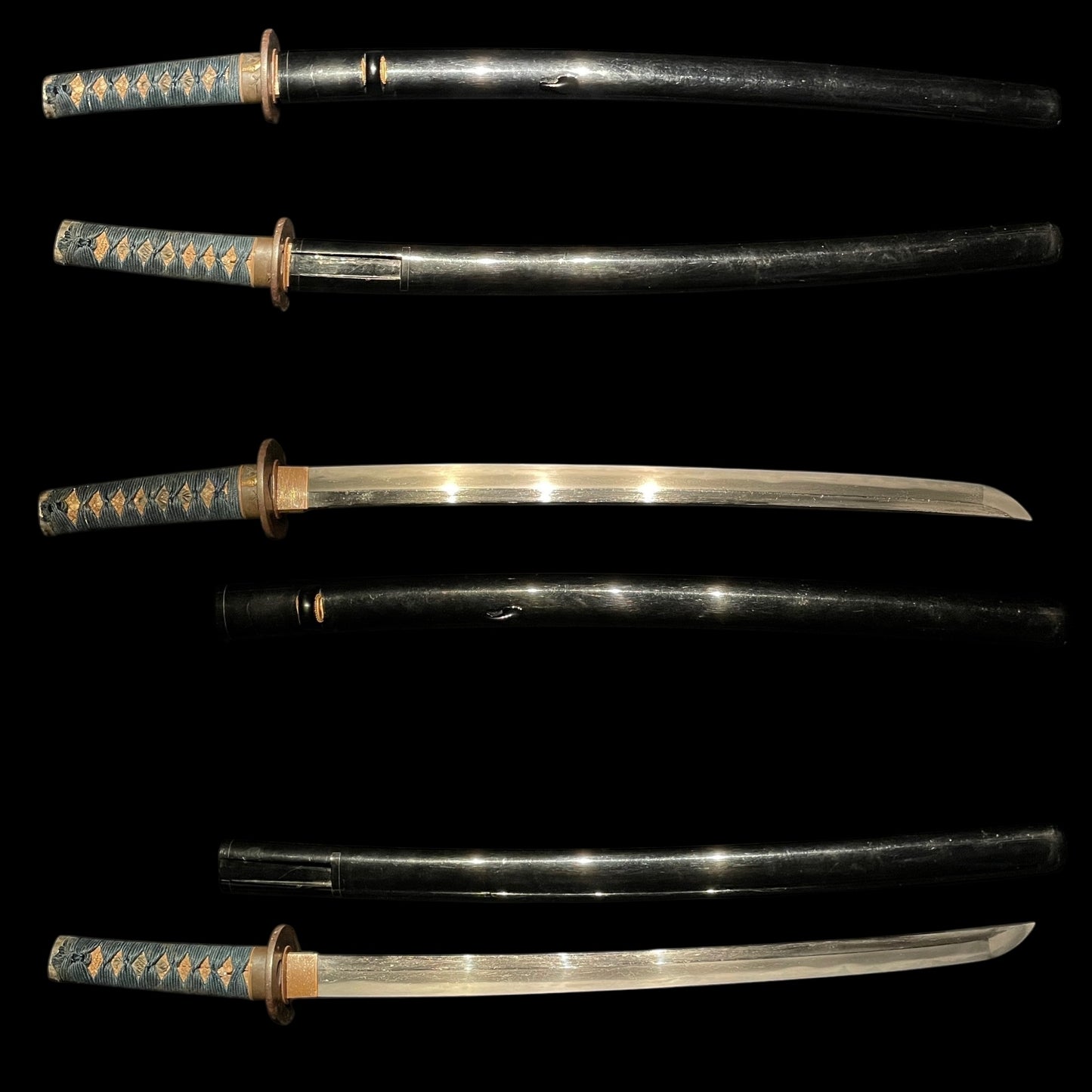 Black Wakizashi, Japanese pampas grass Tsuba, Edo period mumei