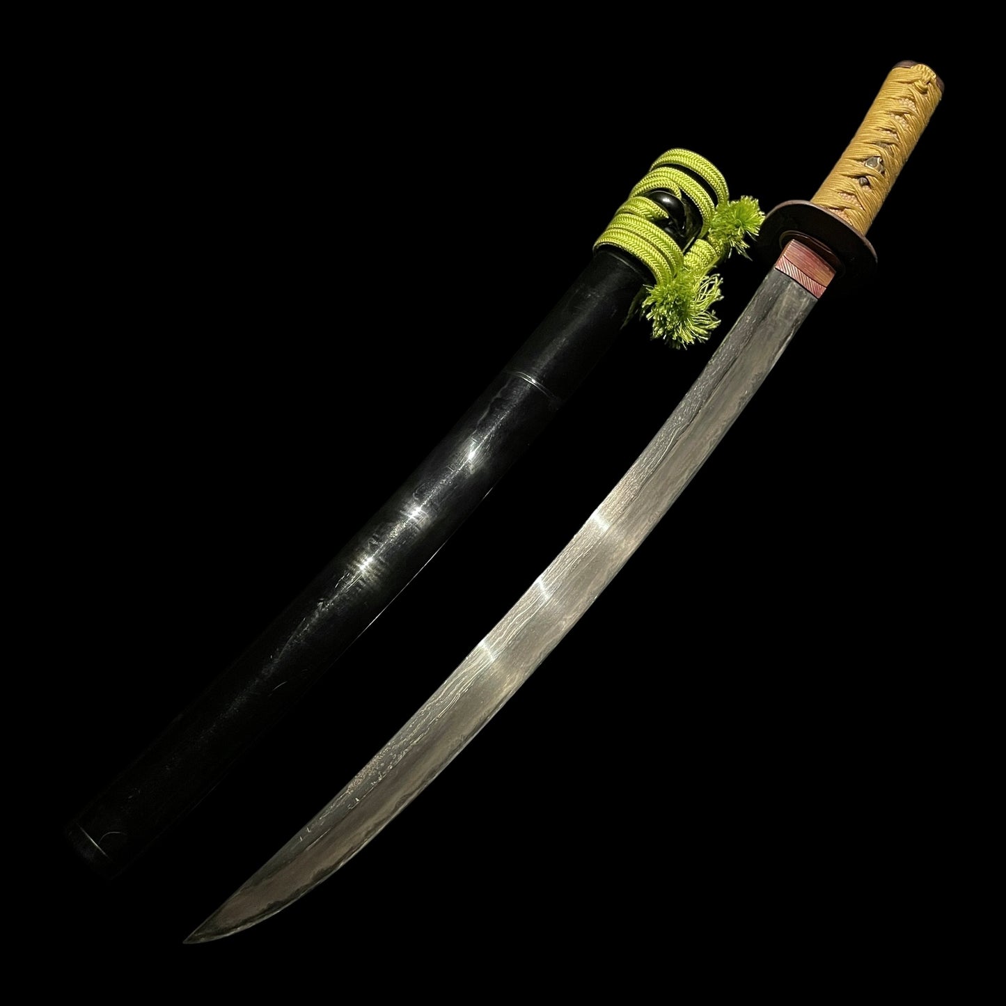 Naginata Naoshi Wakizashi, Samurai Tsuba, Miminaga Usagi 耳長兎 Fuchi, Muromachi period mumei