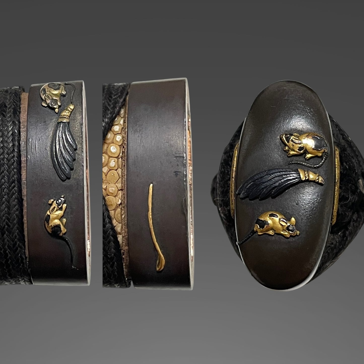 Ookissaki 大切先 Wakizashi, Mouse Fuchikashira 羽箒鼠縁頭, Yanagioni Kozuka, Edo period mumei